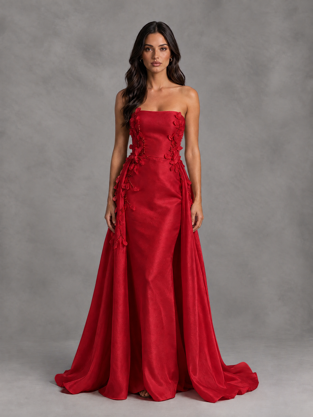 BOLODOO Red Strapless Floral Applique Prom Dress with Overskirt - Red - Red (1)