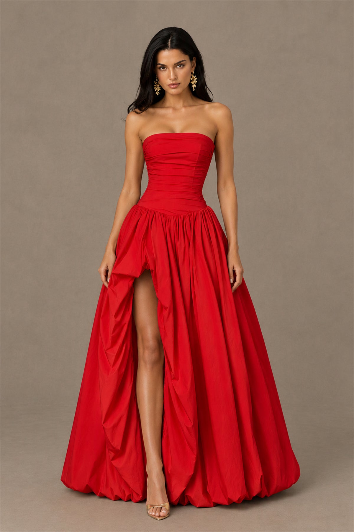 BOLODOO Red Strapless Ruched Corset Lace-Up Back Bubble Skirt High Slit Taffeta Maxi Dress - Red
