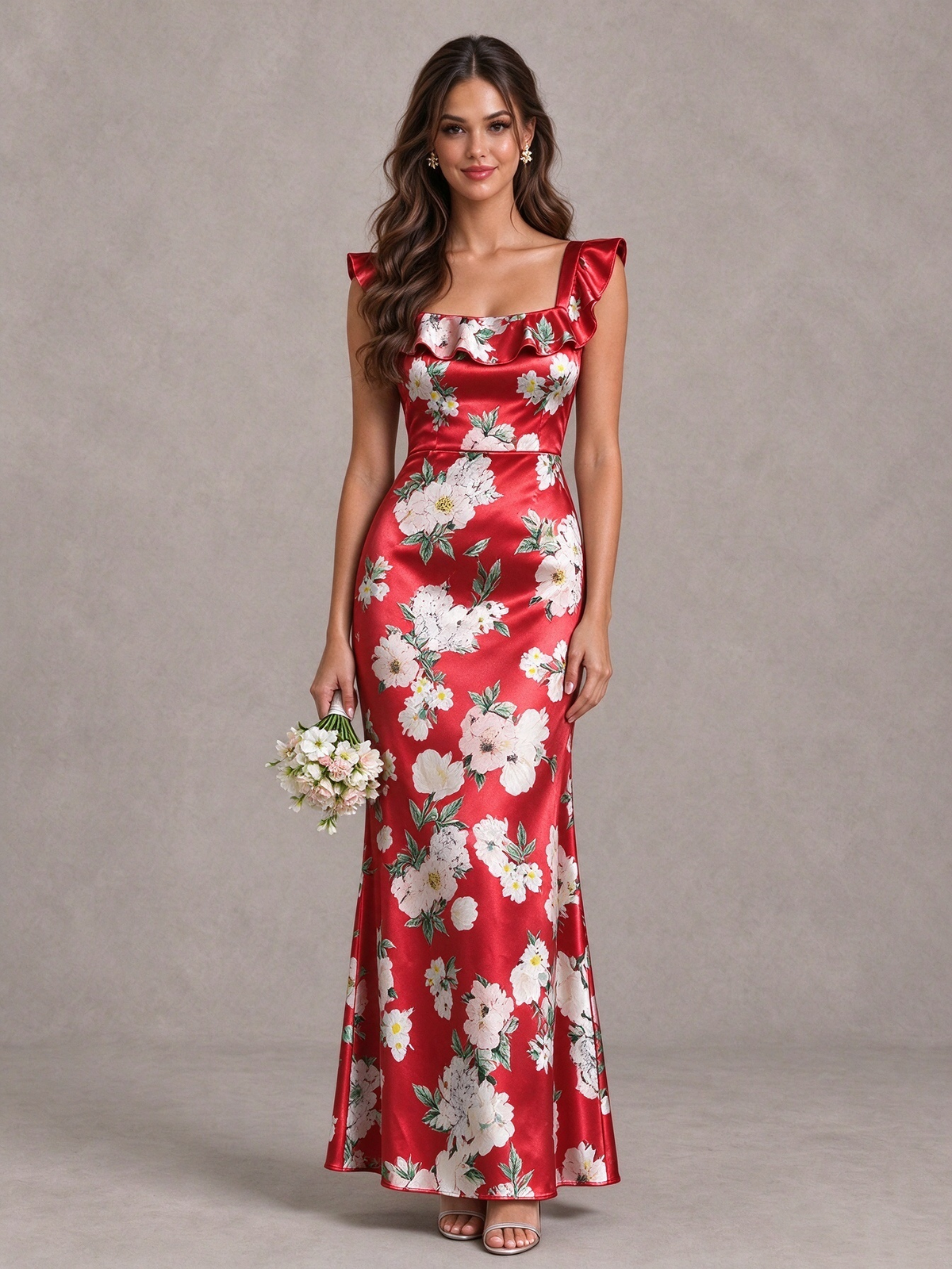 BOLODOO Red Floral Ruffle Lace-Up Bridesmaid Maxi Dress - Red - Red (1)