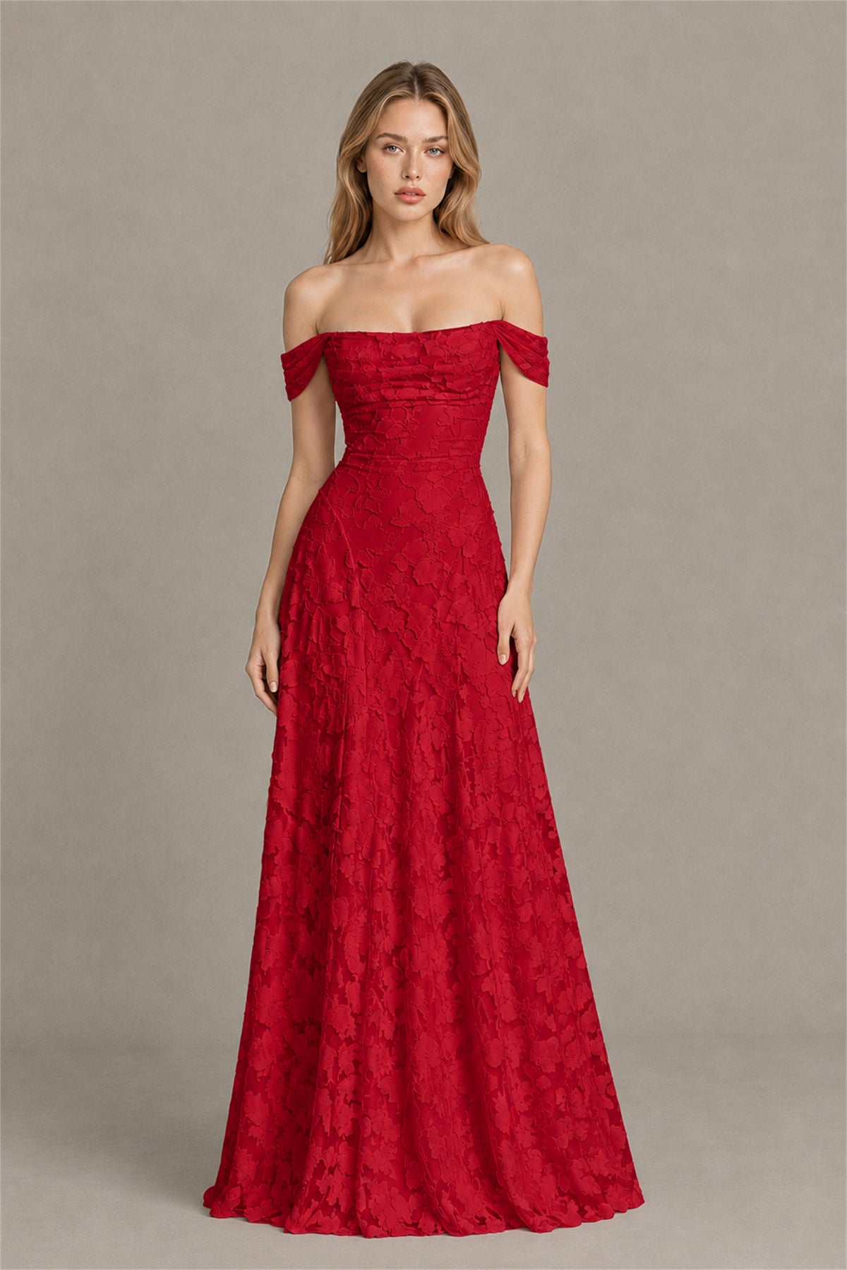 BOLODOO Red Off-Shoulder Pleated A-Line Maxi Dress Floral - Red