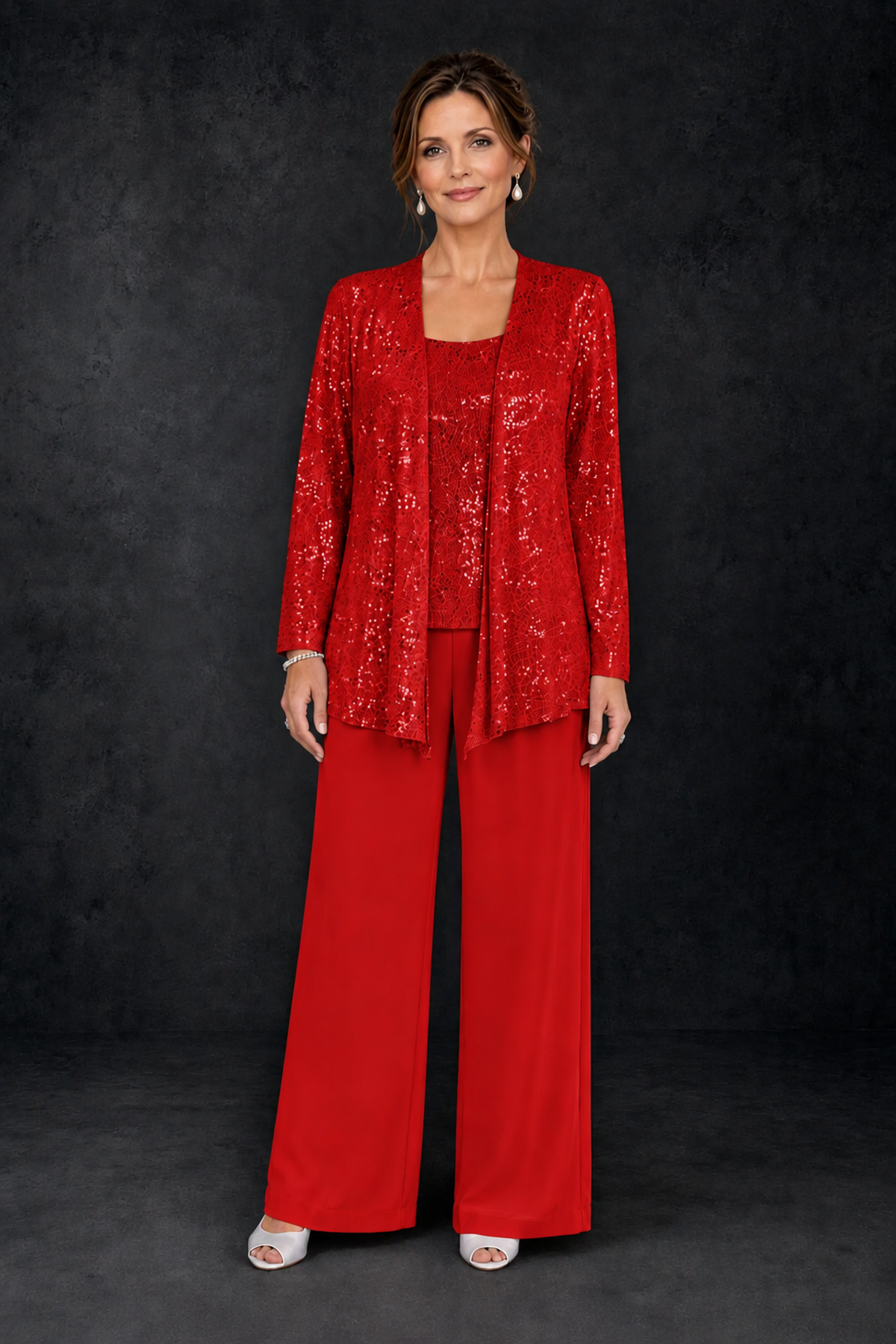 BOLODOO Red Sequin Lace 3-Piece Pant Suit with Long Sleeve Jacket - Red - Red (1)