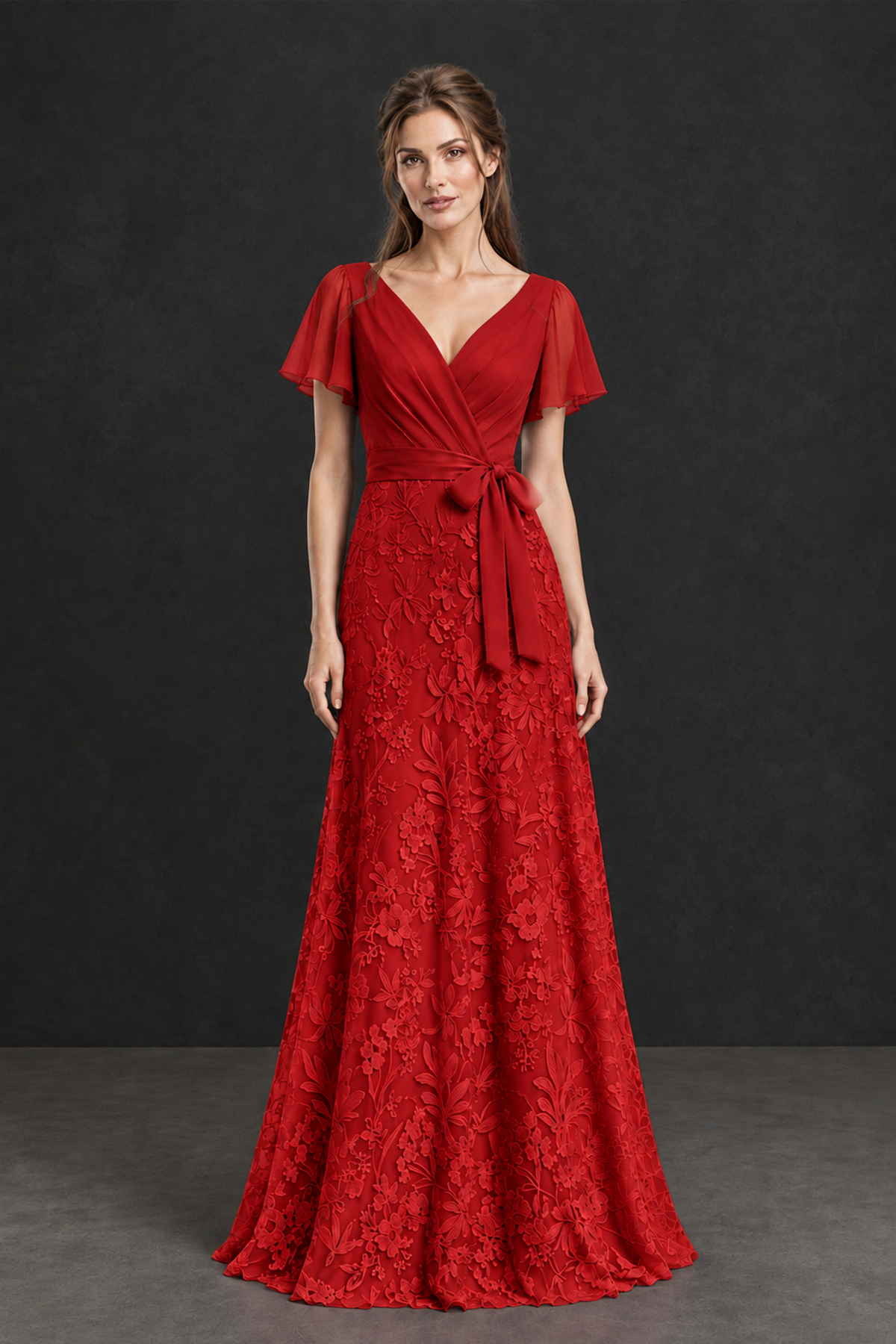 BOLODOO Red Flutter Sleeve Lace Mother of the Bride Dress - Red