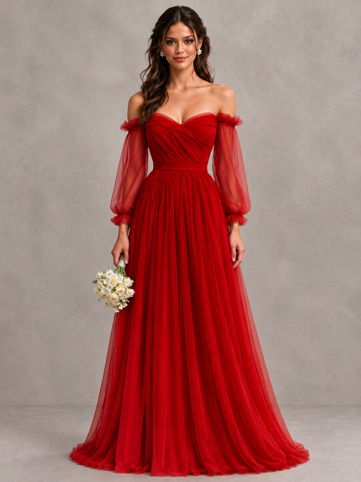 BOLODOO Red Off-the-Shoulder Long Sleeve A-Line Bridesmaid Dress - Red - Red (1)