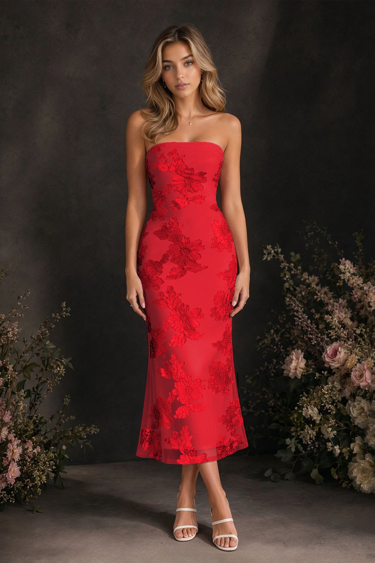 BOLODOO Red Tonal Floral Embroidered Mesh Strapless Open Back Bodycon Midi Tea Length Dress - Red