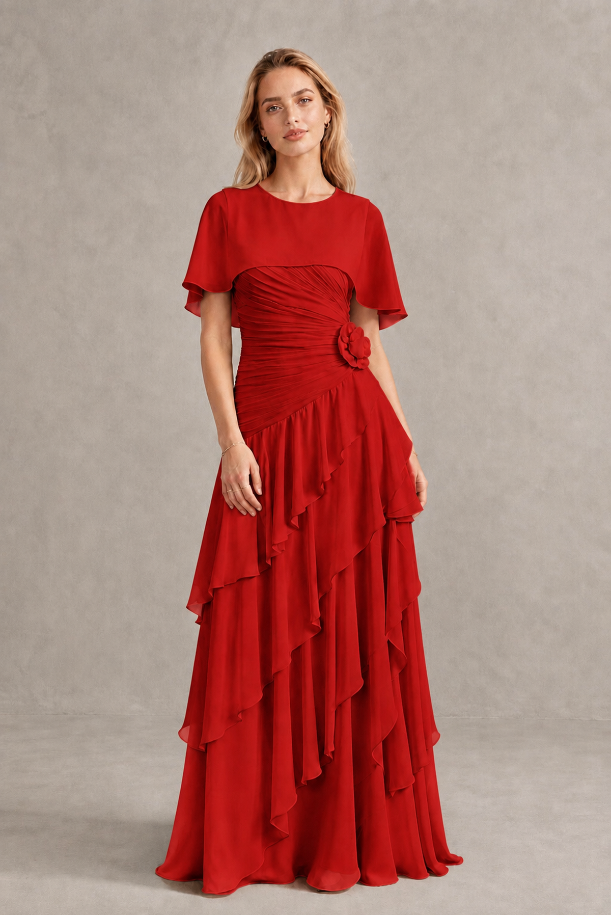 BOLODOO Red Chiffon Flutter Sleeve Tiered Maxi Dress with 3D Rosette - Red