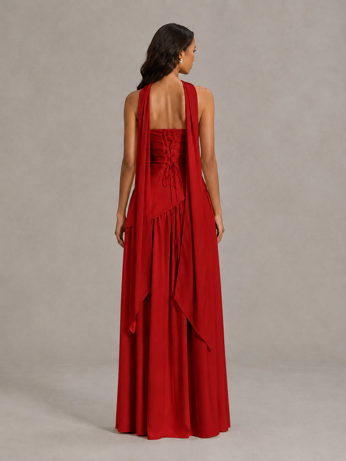 Red Strapless Bridesmaid Dress with Scarf & High Slit - Red - Red (2)