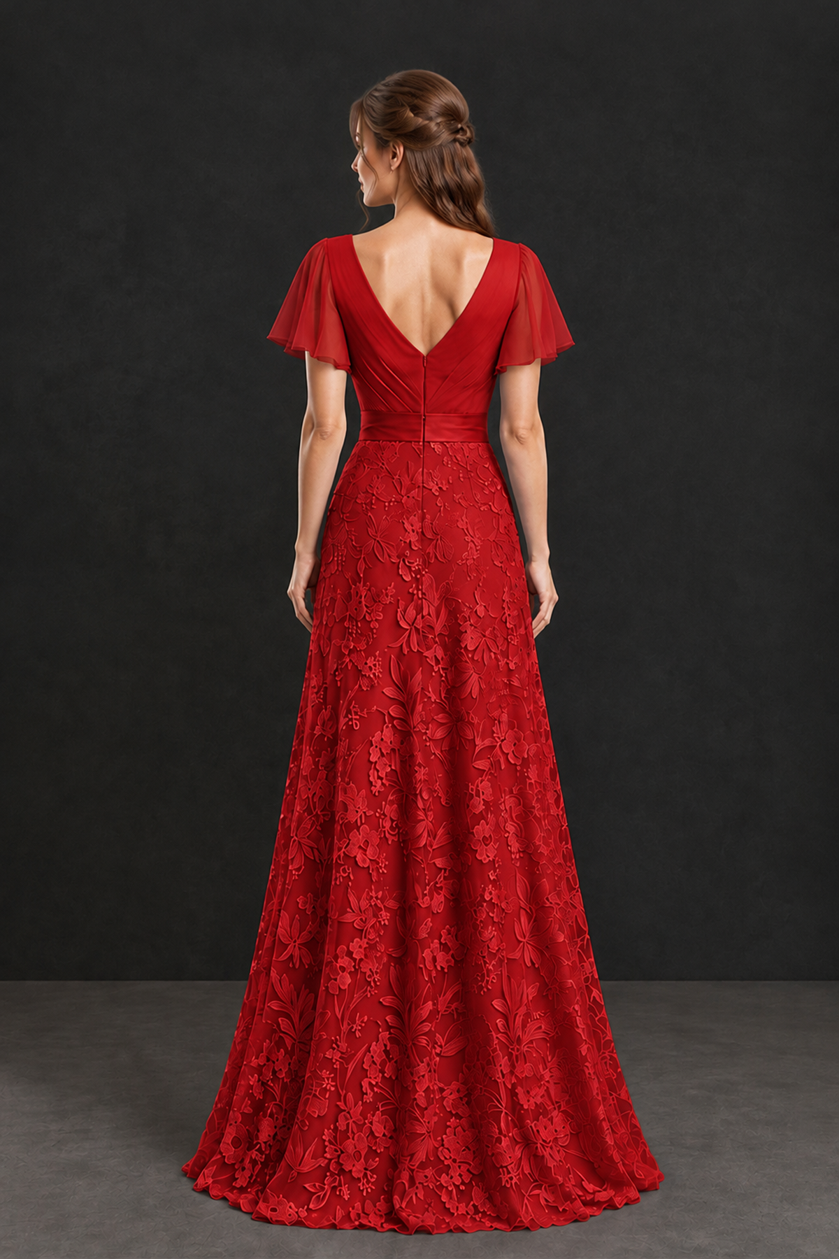 BOLODOO Red Flutter Sleeve Lace Mother of the Bride Dress - Red