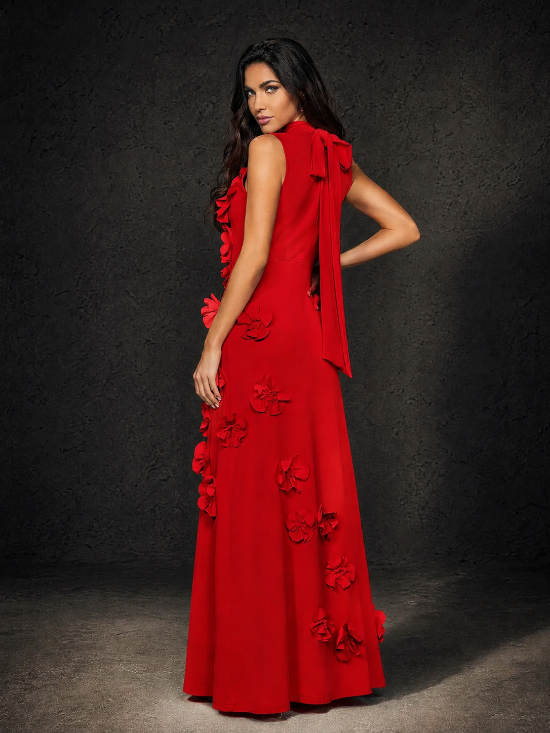 BOLODOO Red Mock Neck Sleeveless 3D Floral Appliqué Maxi Dress with Bow Back - Red