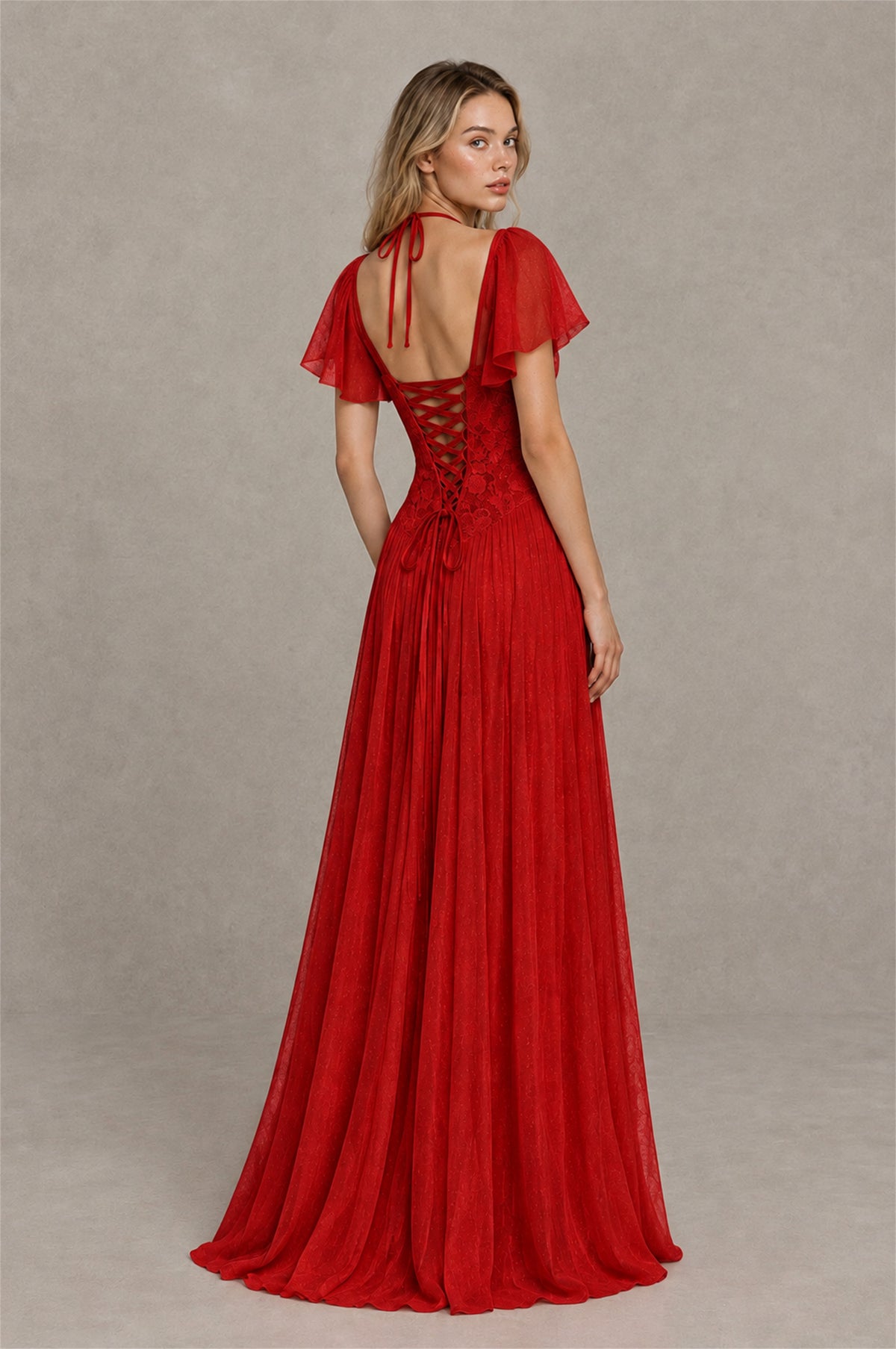 BOLODOO Red Flutter Sleeve Lace Corset A-Line Maxi Dress - Red - Red (2)