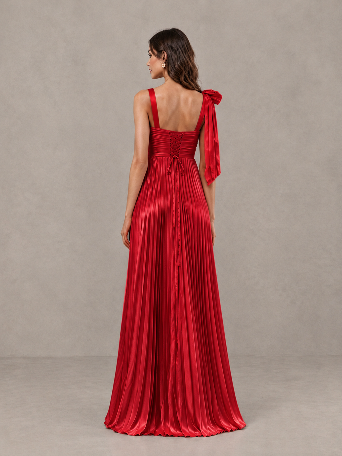 BOLODOO Red Pleated Bow-Strap Bridesmaid Maxi Dress - Red - Red (2)