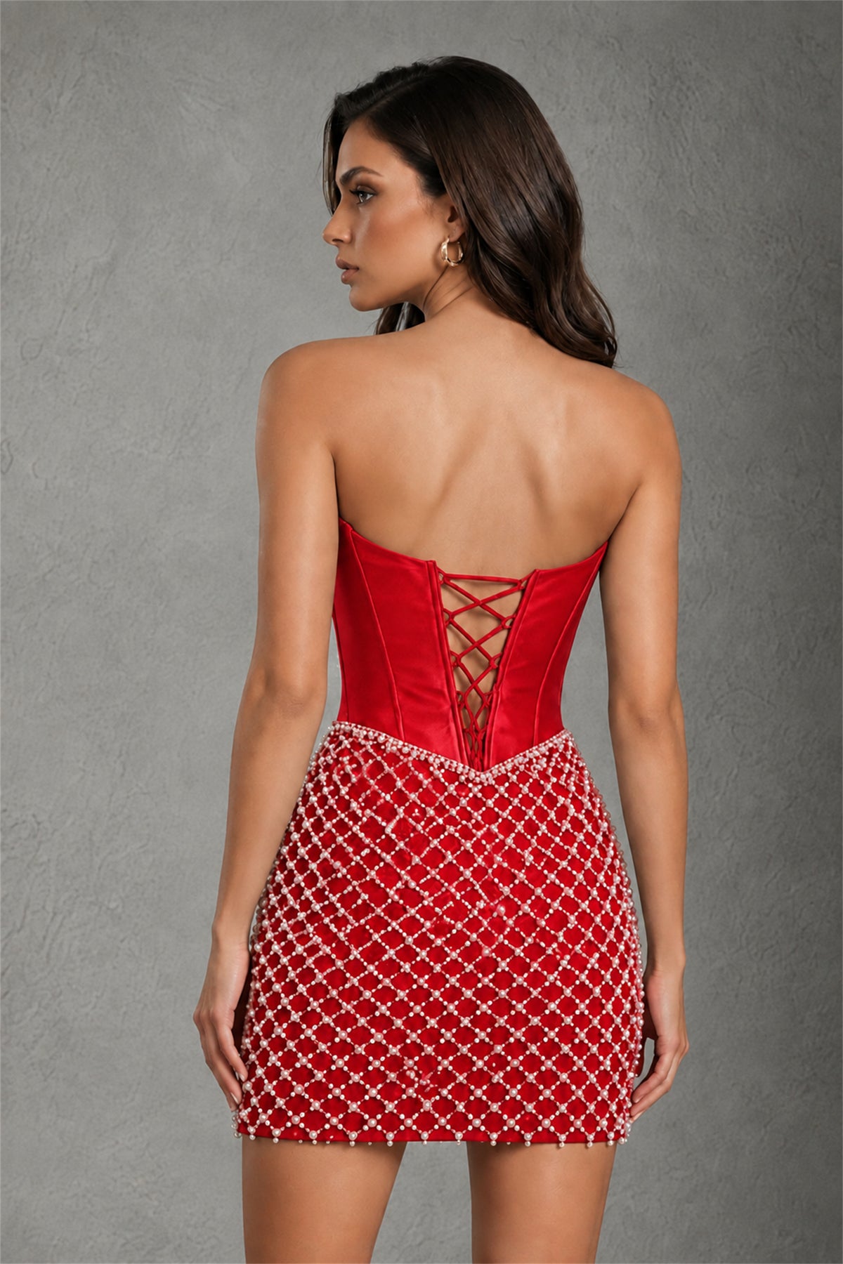 BOLODOO Red Strapless Boned Corset Mini Dress Red Geometric Beaded Skirt Lace-Up Back BD0355 - Red