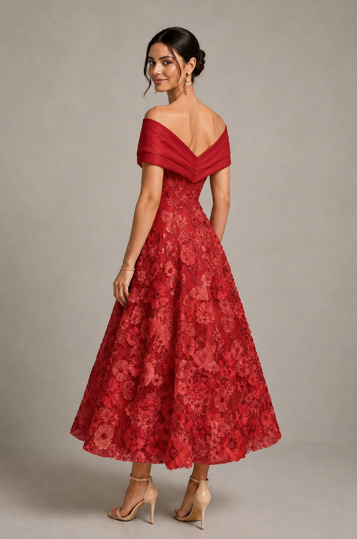 Red Off-Shoulder Satin & 3D Floral Embroidered Tulle Tea Length A-Line Dress - Red