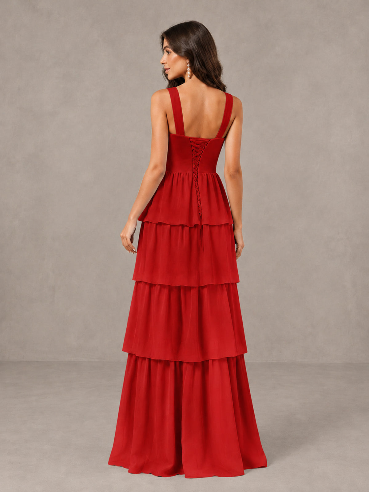 BOLODOO Red Square Neck Tiered Bridesmaid Dress with Slit - Red - Red (2)