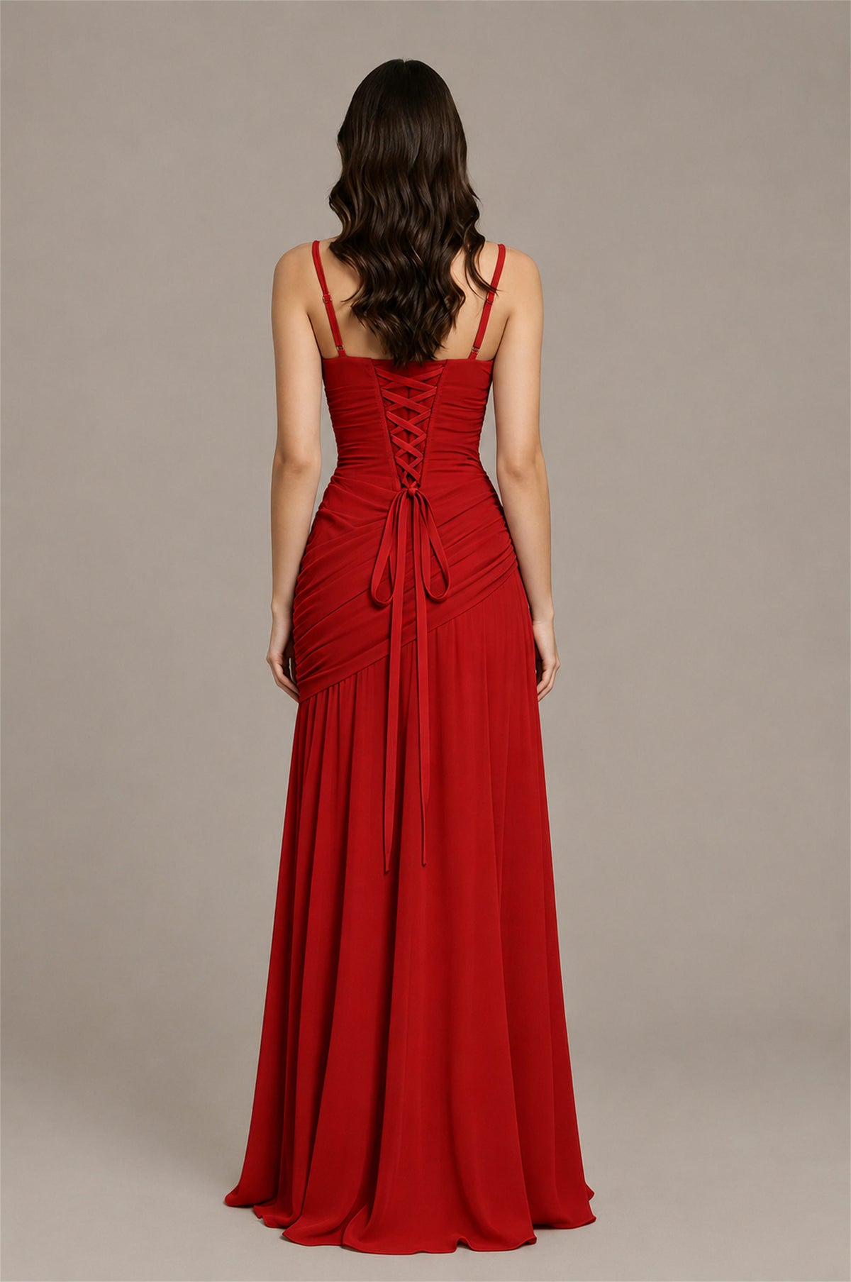 BOLODOO Red Spaghetti Strap Ruched Maxi Dress – Formal Evening Gown with Slit - Red
