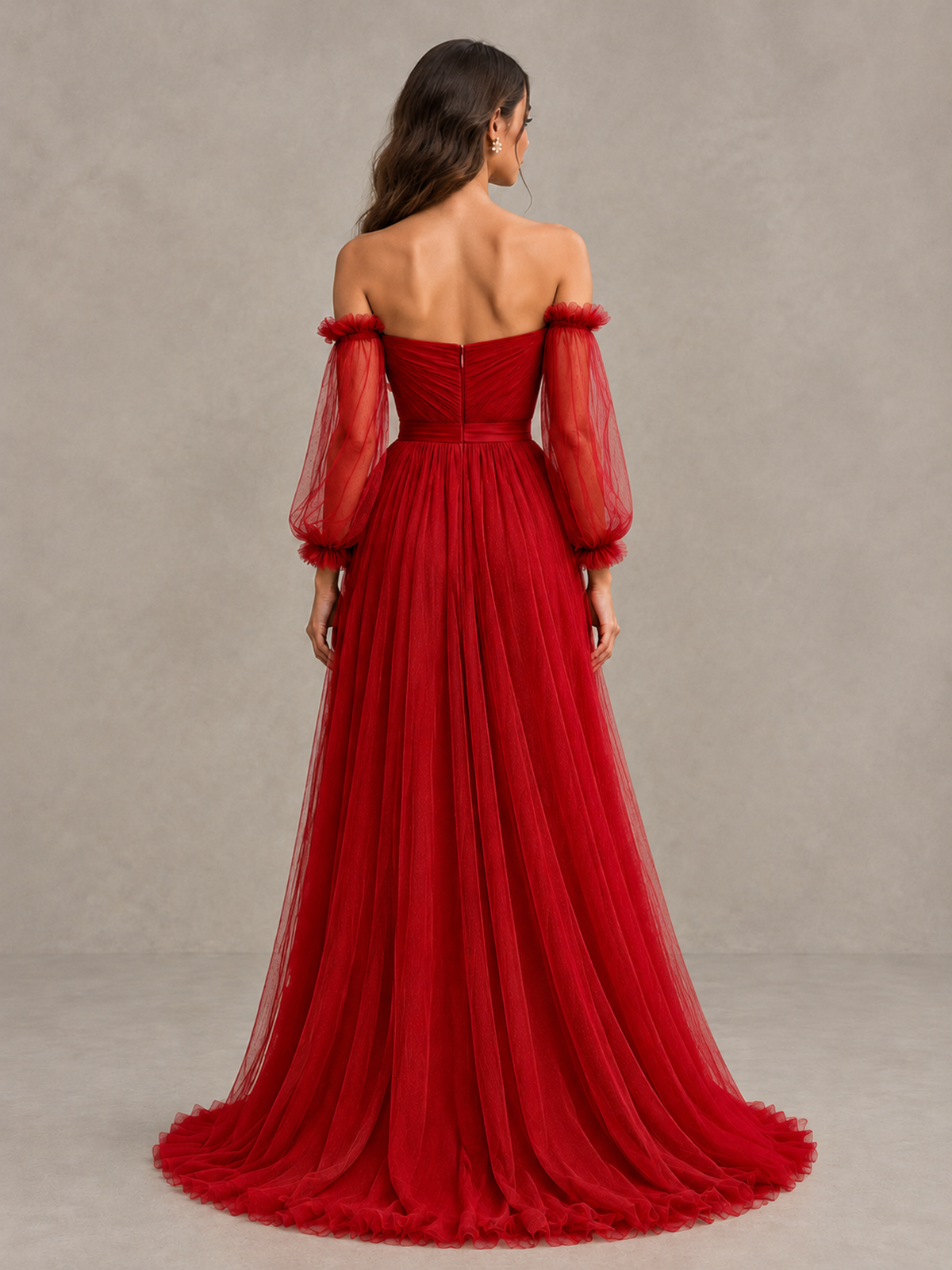BOLODOO Red Off-the-Shoulder Long Sleeve A-Line Bridesmaid Dress - Red - Red (2)
