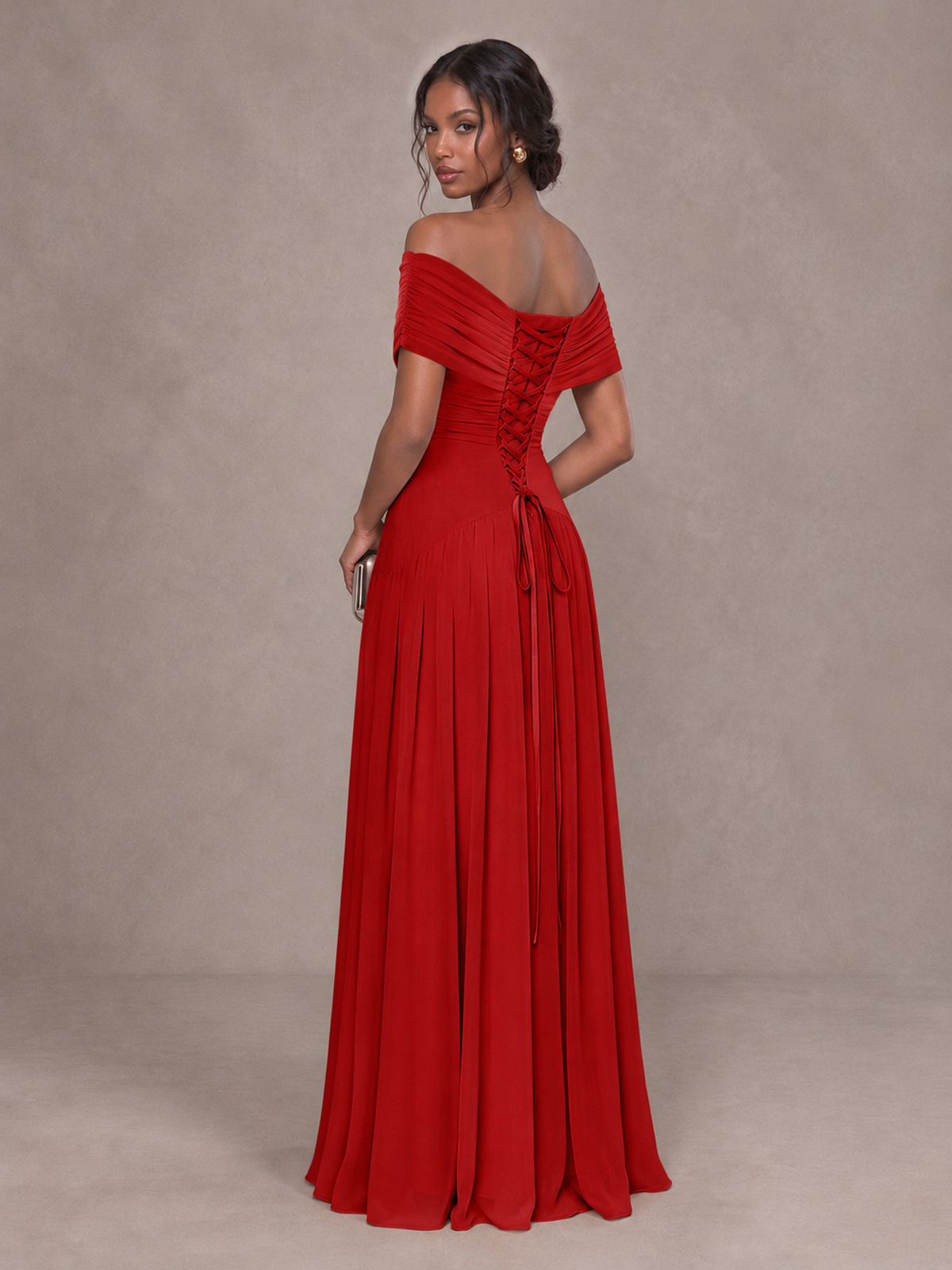 BOLODOO Red Off-Shoulder Ruched A-Line Bridesmaid Dress - Red - Red (2)