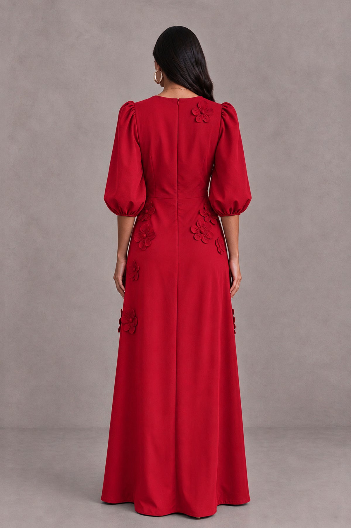 BOLODOO Red Floral Applique Puff Sleeve A-Line Evening Dress - Red - Red (2)