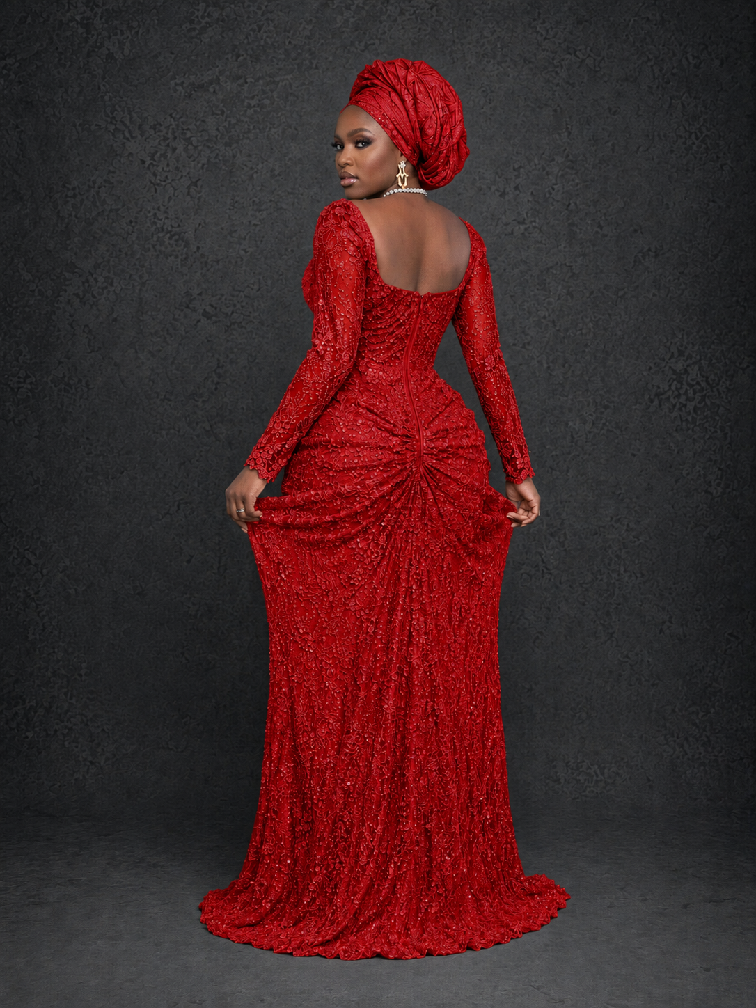 BOLODOO Red Beaded Lace Long Sleeve Mermaid Gown Sweetheart | Mother of the Bride - Red
