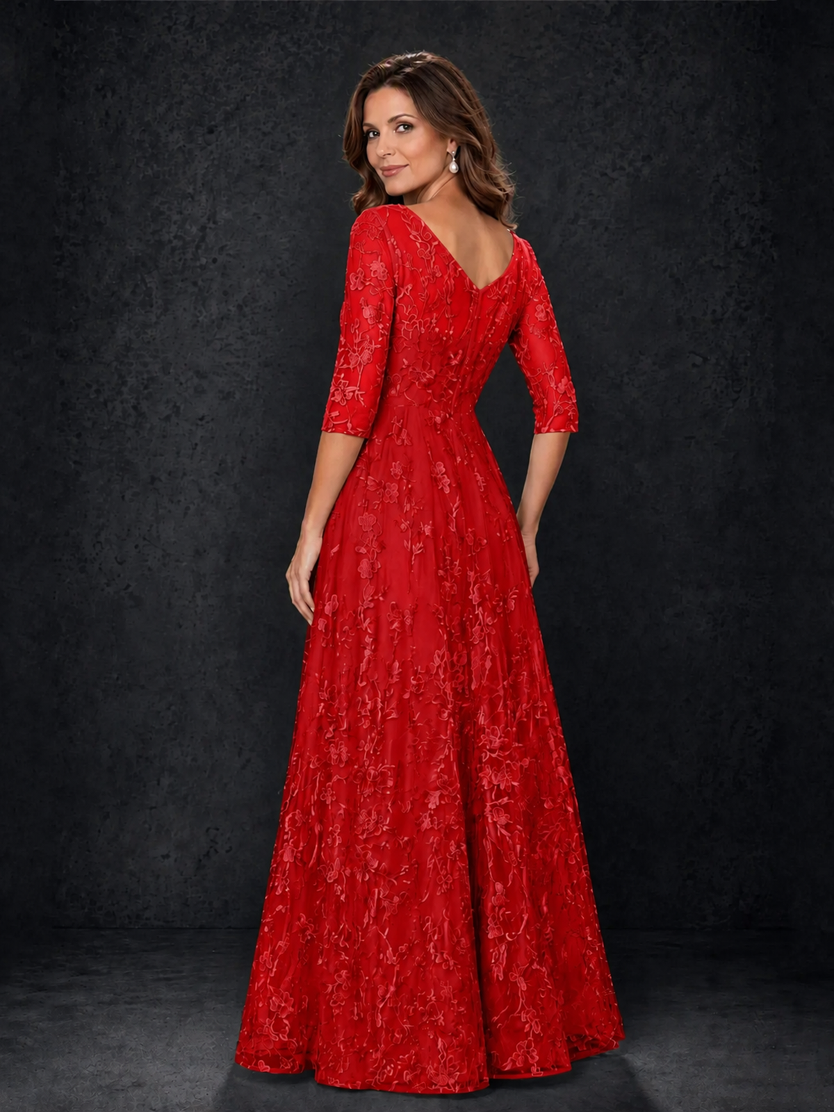 BOLODOO Red Illusion Bateau Neck 3/4 Sleeve Floral Lace A-Line Mother of the Bride Dress MX007 - Red