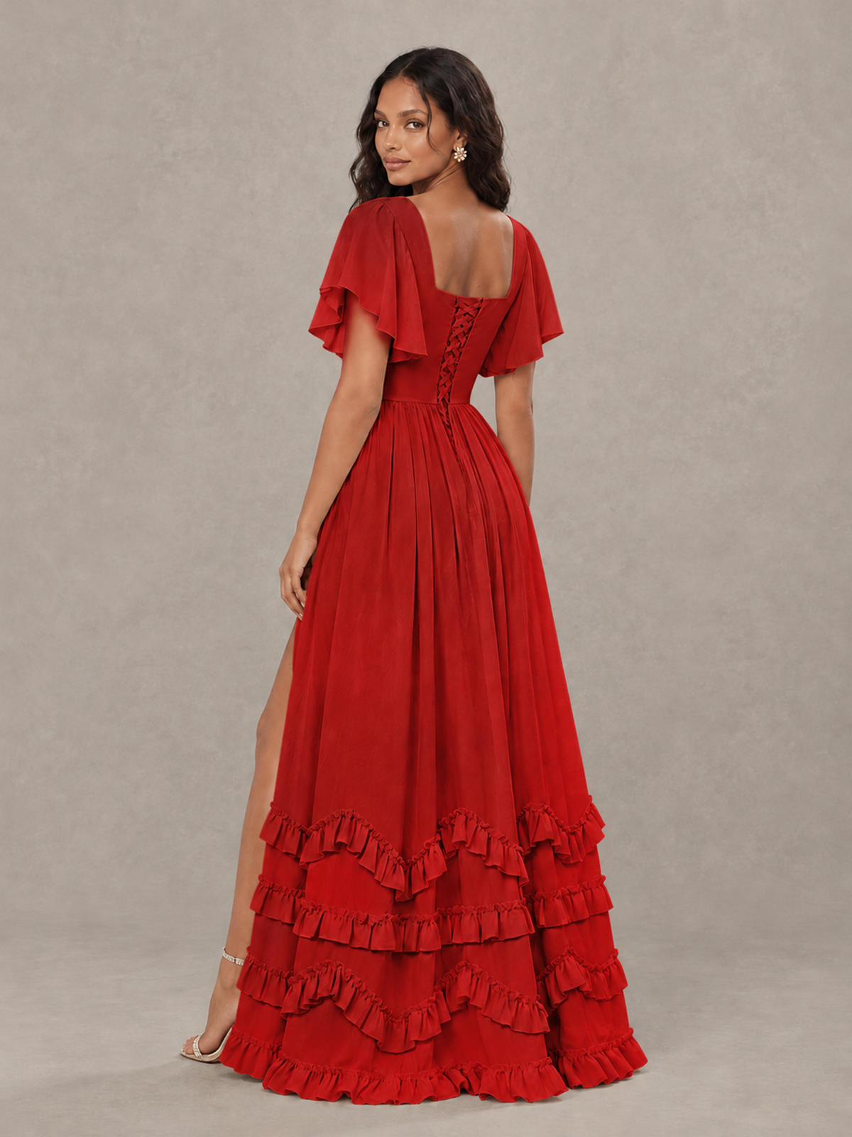 BOLODOO Red V-Neck Flutter Sleeve Ruffle Bridesmaid Dress with Slit - Red - Red (2)