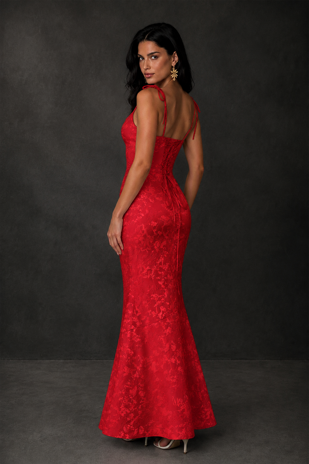 BOLODOO Red Scoop Neck Tie Strap Lace-Up Back Floral Jacquard Mermaid Maxi Dress - Red