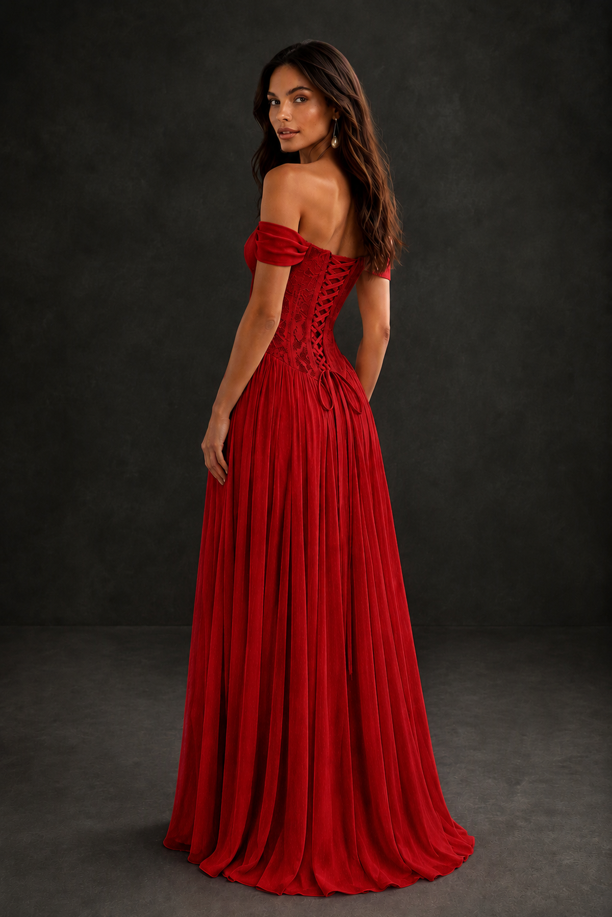 BOLODOO Red Off-Shoulder Lace Corset Tulle Maxi Dress - Red