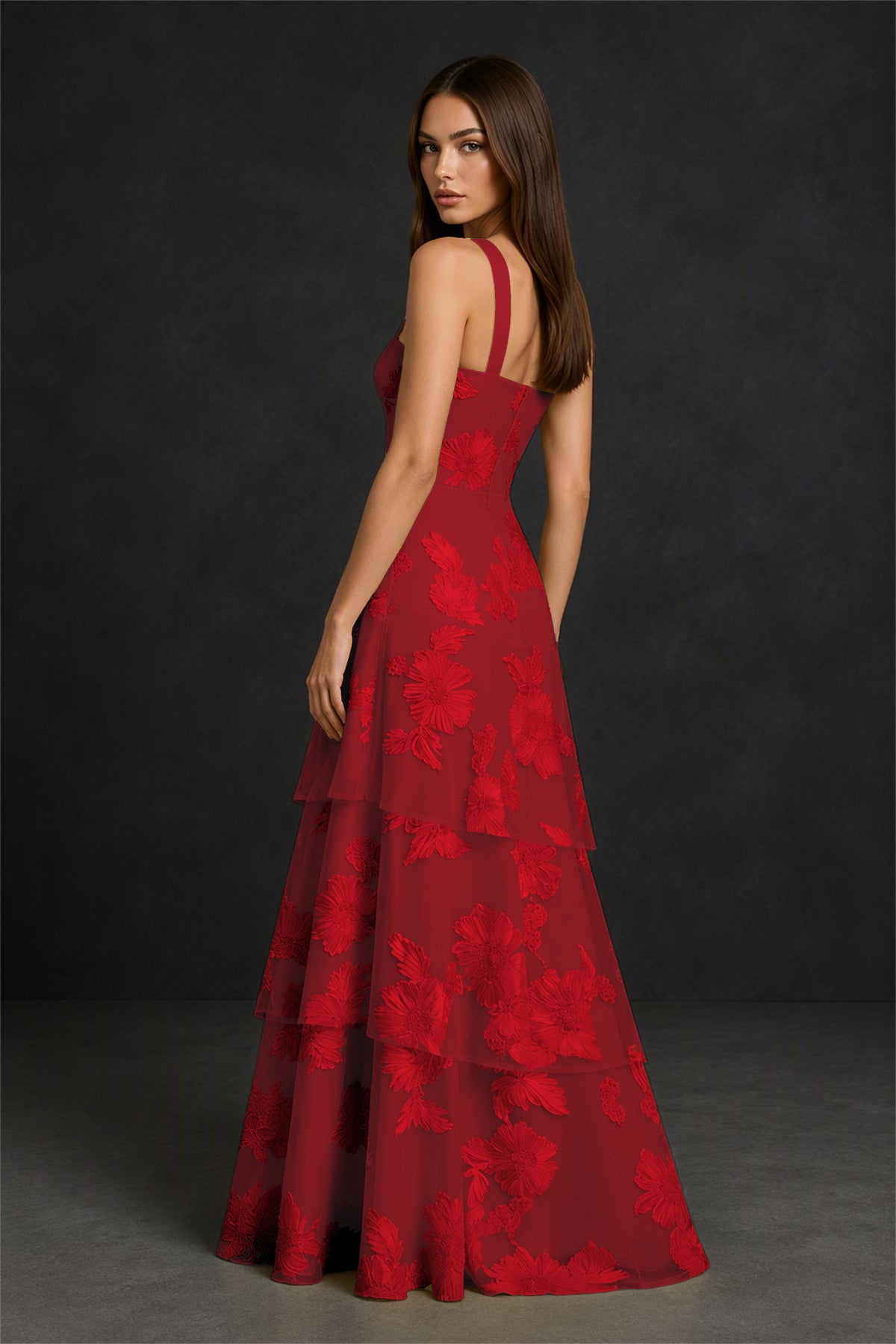 BOLODOO Red Crisscross Halter Neck Red Floral Embroidered Triple Tiered A-Line Tulle Maxi Dress - Red