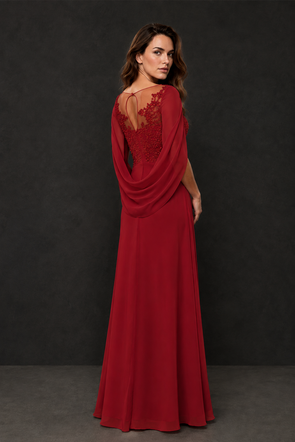 BOLODOO Red Illusion Lace One-Side Cape Sleeve Beaded Chiffon Floor Length Gown | Mother of the Bride Evening Dress - Red