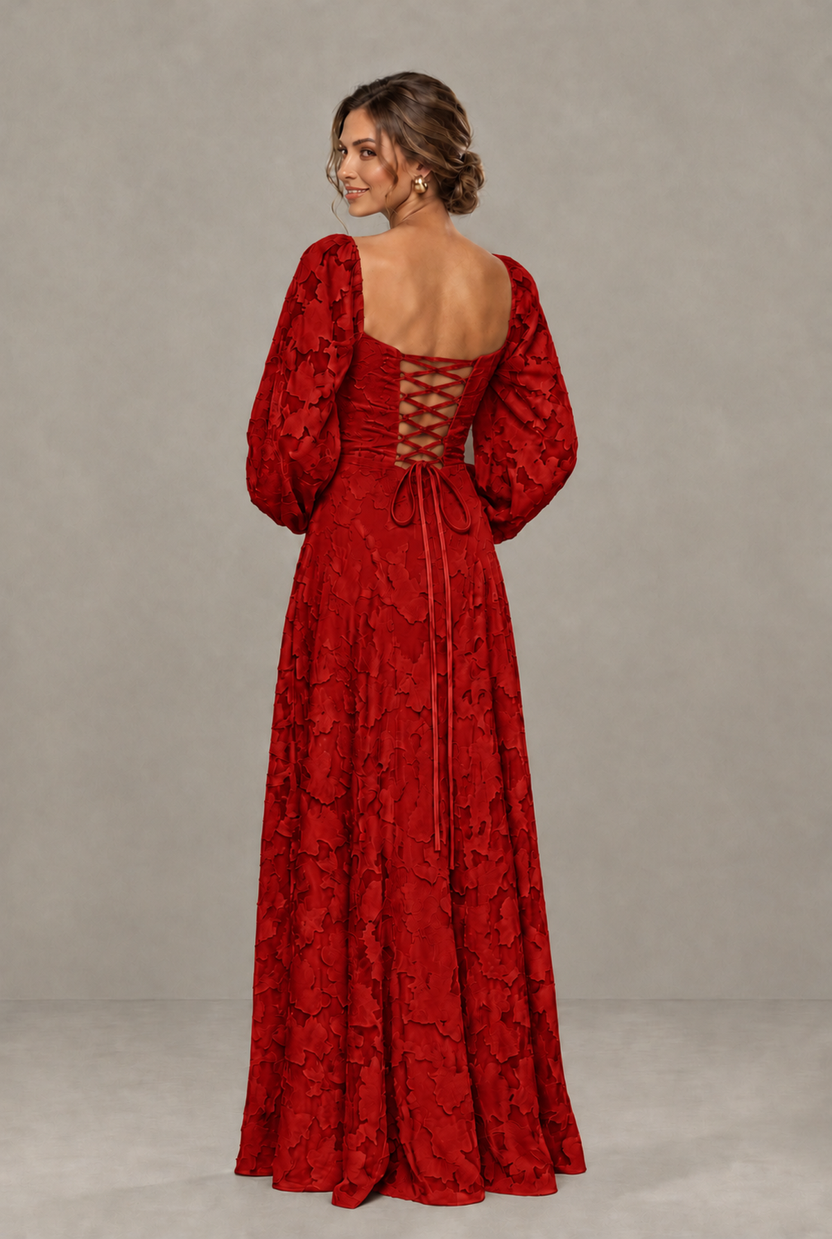 BOLODOO Floral Red Long Sleeve A-Line Dress with Lace-Up Back - Red