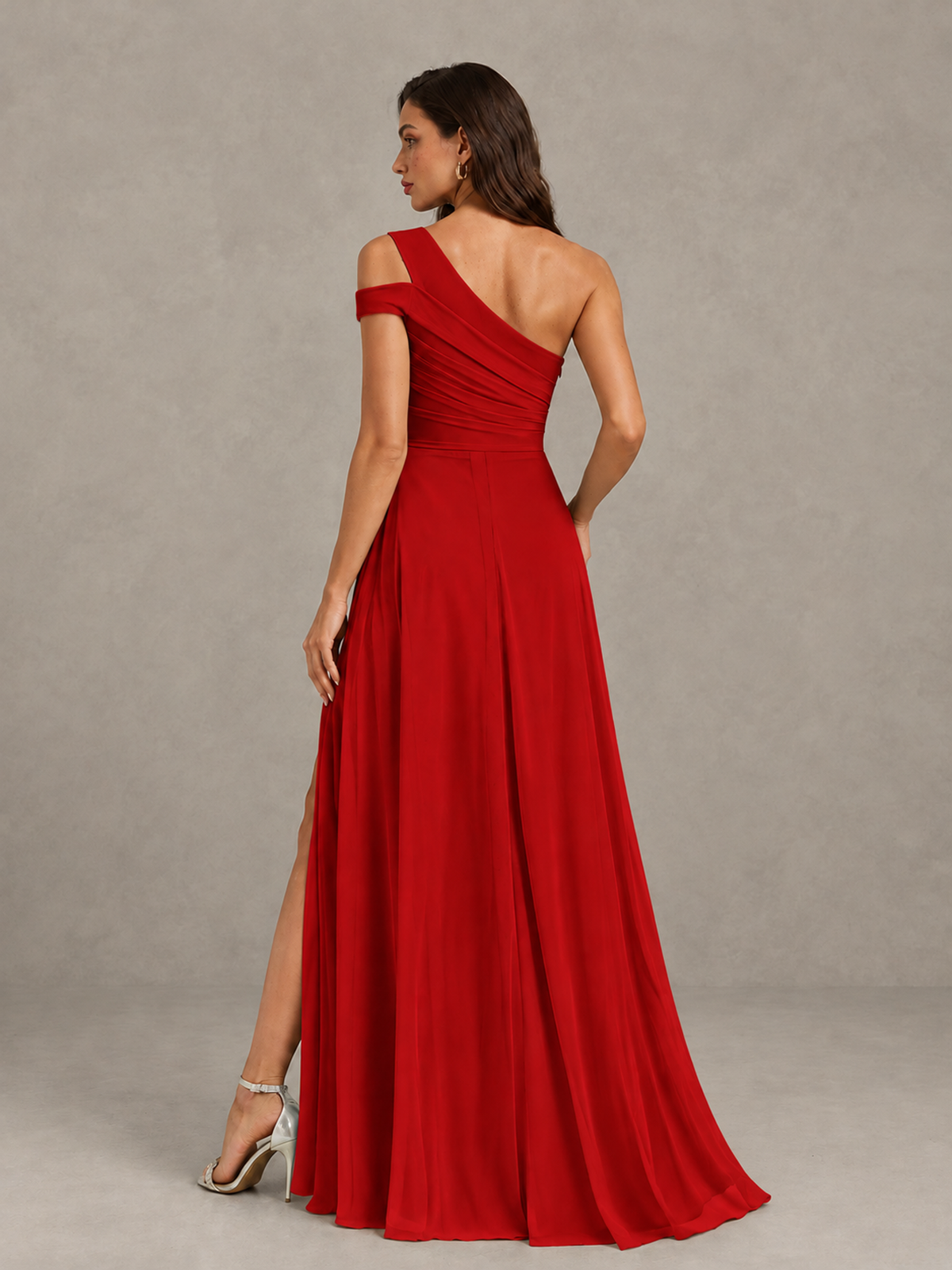 BOLODOO Red One-Shoulder Bridesmaid Dress with Side Slit - Red - Red (2)