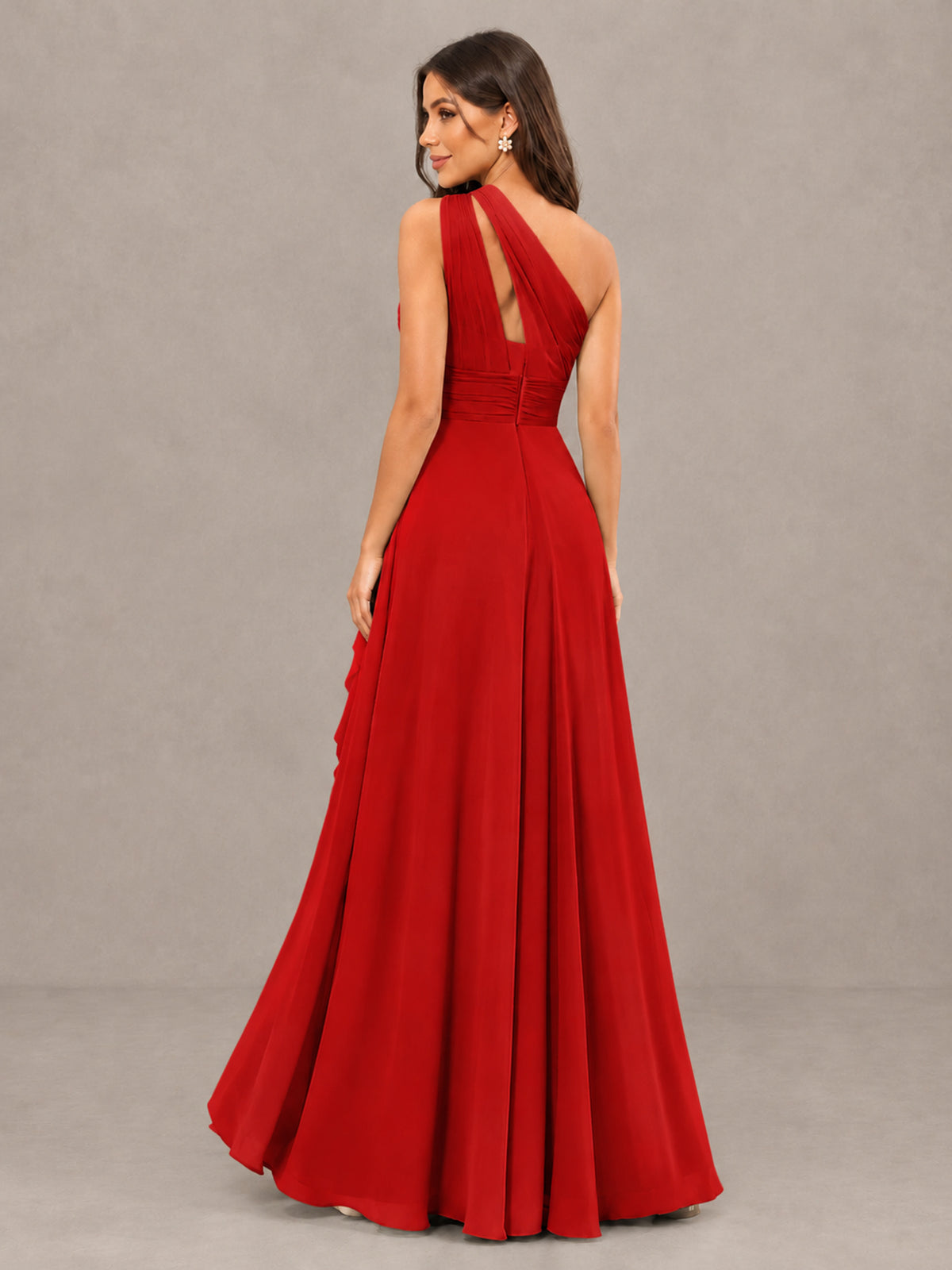 BOLODOO Red One-Shoulder Ruffle Bridesmaid Dress with Slit - Red - Red (2)