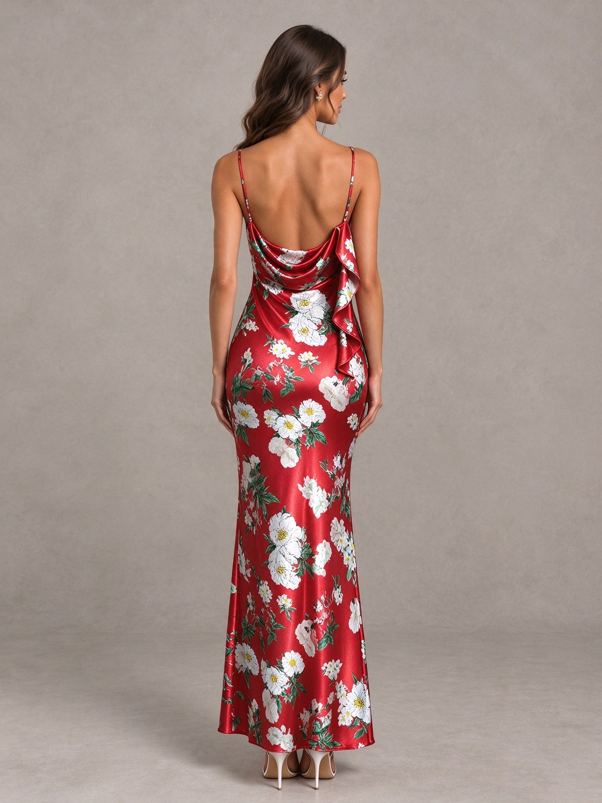 BOLODOO Red Floral Satin Bridesmaid Dress with Cowl Back - Red - Red (2)