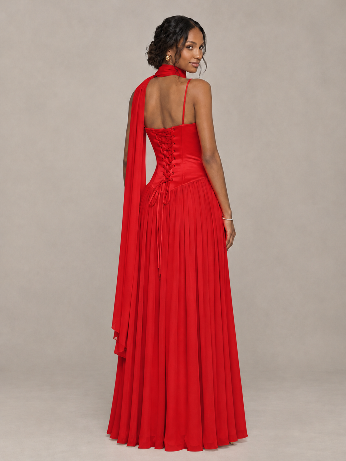 BOLODOO Red Corset Bridesmaid Dress with Scarf - Red - Red (2)