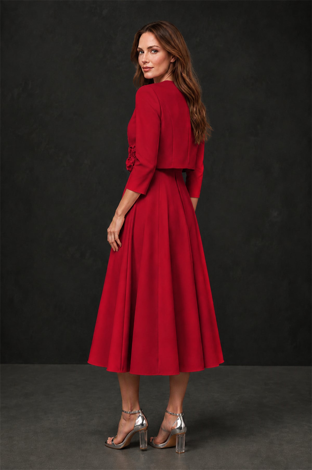 BOLODOO Red 3D Rosette Appliqué 3/4 Sleeve Jacket & V-Notch Sleeveless A-Line Tea-Length Two-Piece Dress Set - Red