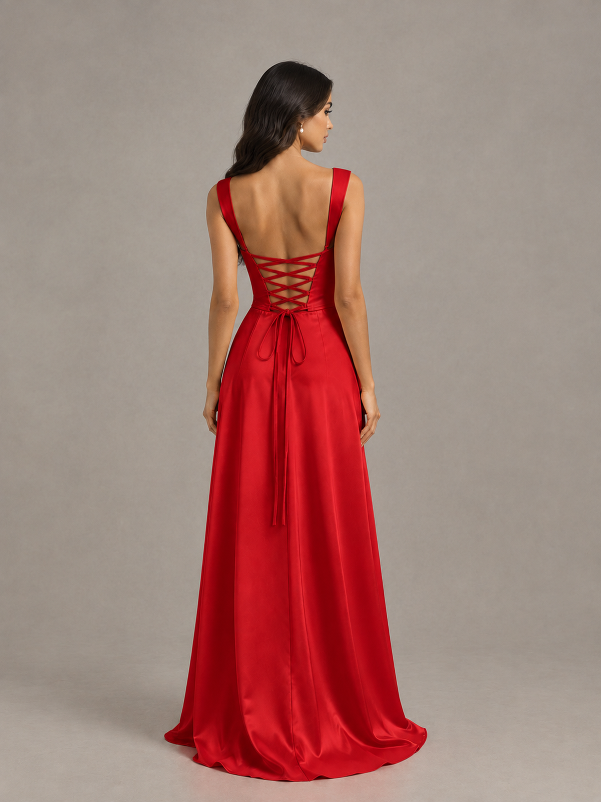 BOLODOO Red Satin Lace-Up Bridesmaid Dress with Slit - Red - Red (2)