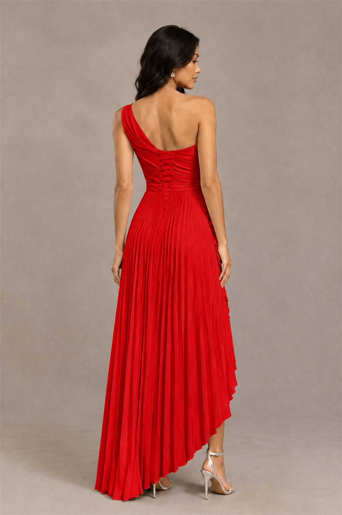 BOLODOO Red One-Shoulder High-Low Ruffle Maxi Dress - Red