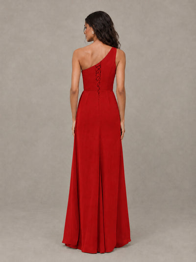 BOLODOO Red One-Shoulder Chiffon Bridesmaid Dress with Ruched Bodice & High Slit - Red - Red (2)