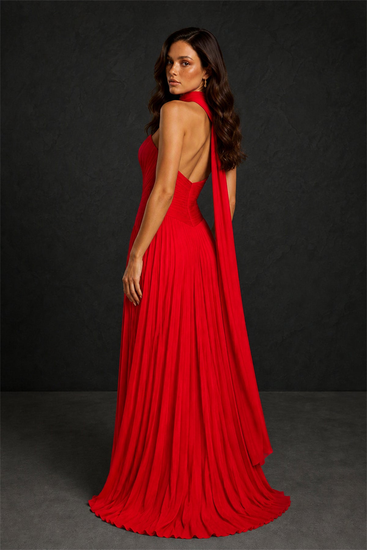BOLODOO Red Sweetheart Strapless Neck Scarf Pleated Backless A-Line Chiffon Maxi Dress - Red