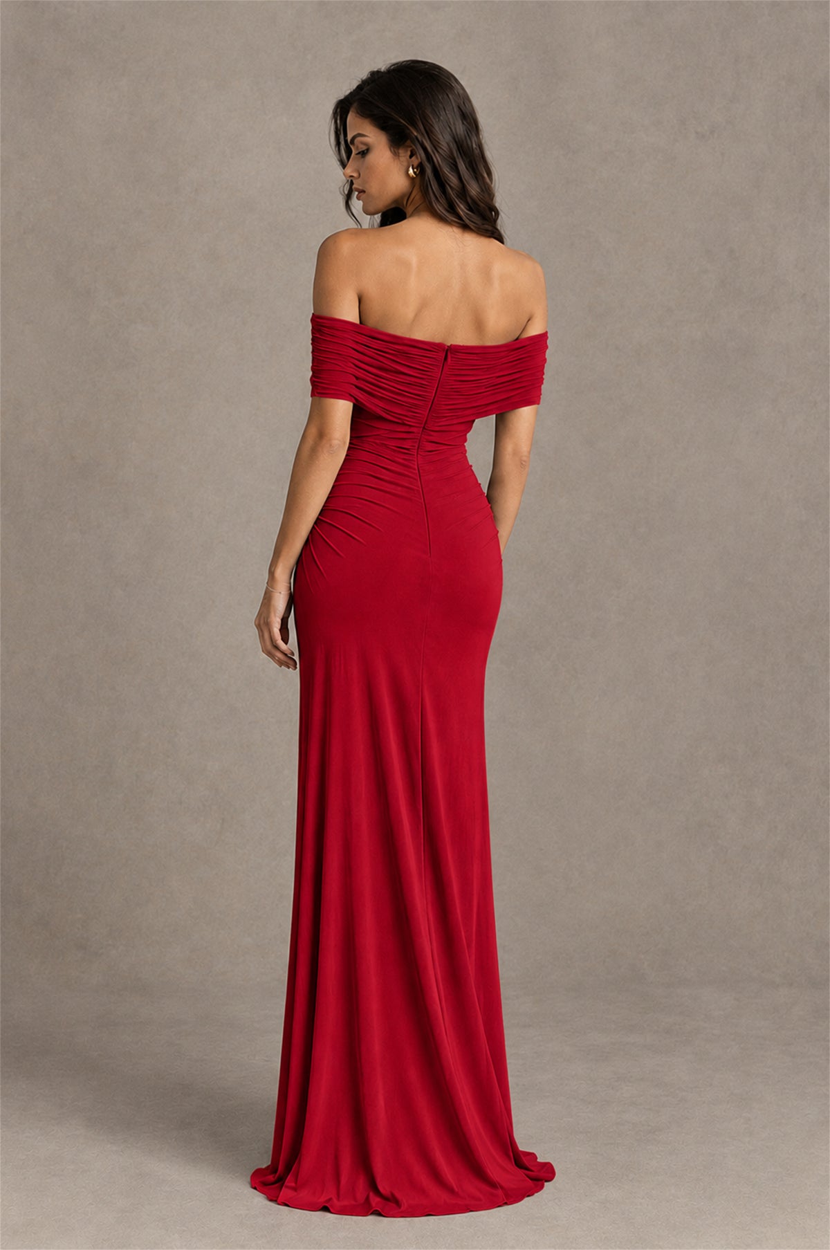 BOLODOO Red Off-Shoulder Ruched Maxi Dress - Red