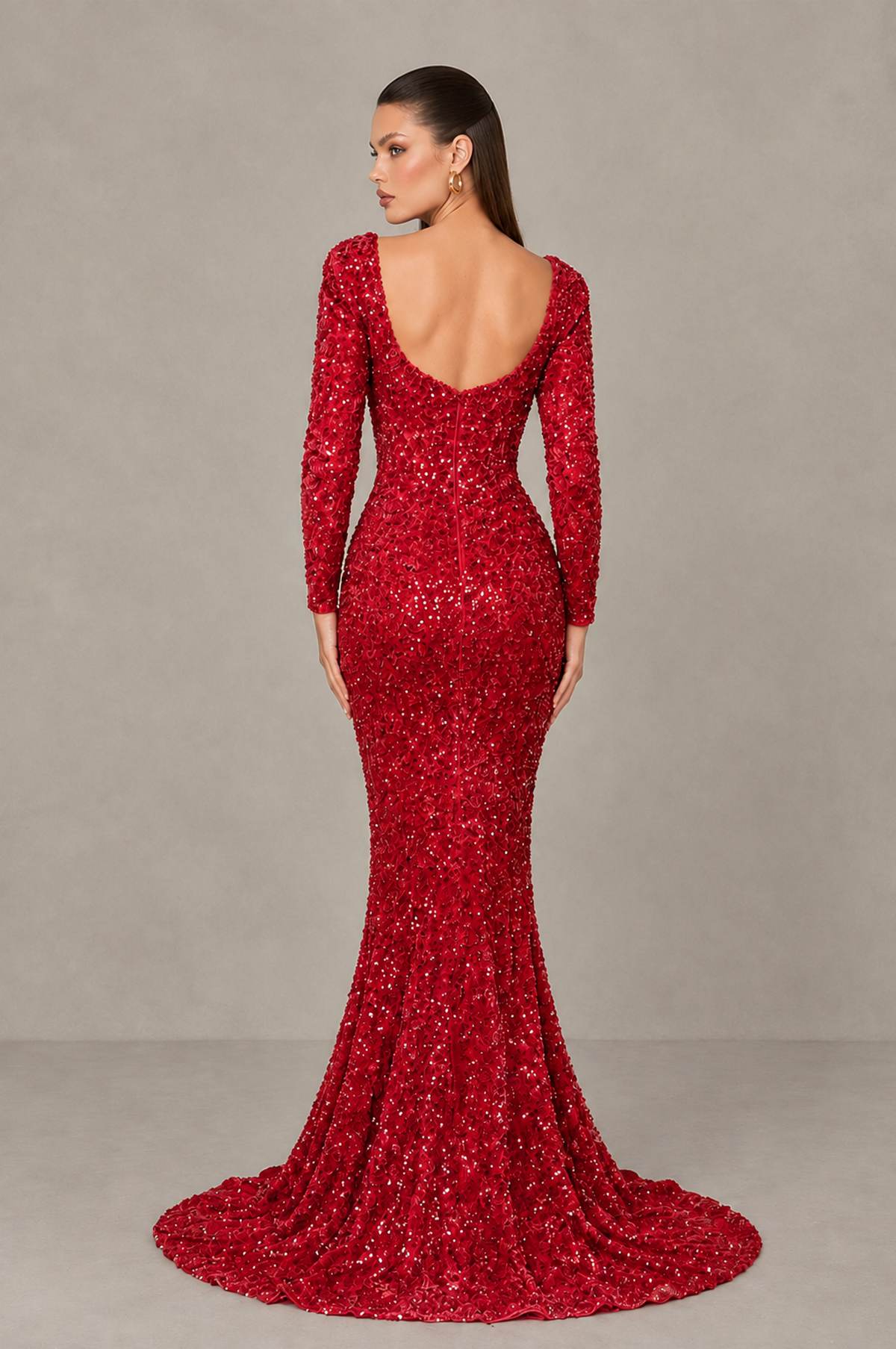 BOLODOO Red Sequin Long Sleeve Evening Gown with High Slit - Red - Red (2)