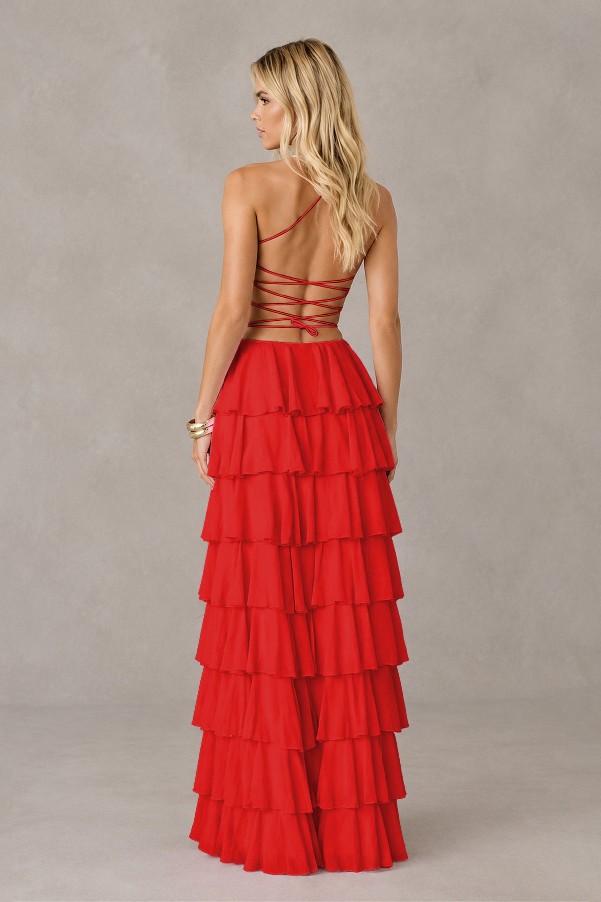 BOLODOO Red Strapless Tiered Ruffle Maxi Dress with Slit & Lace-Up Back - Red