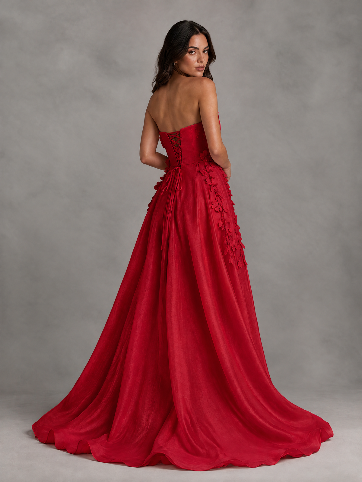 BOLODOO Red Strapless Floral Applique Prom Dress with Overskirt - Red - Red (2)