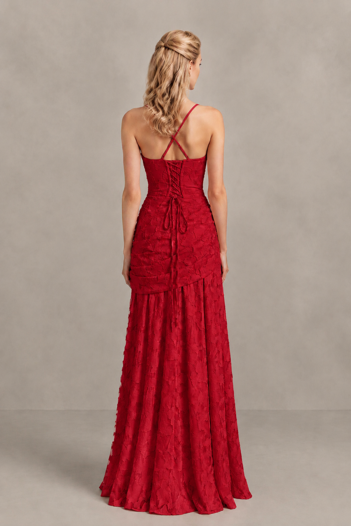 BOLODOO Red Ruched Floral Maxi Dress with Lace-Up Back - Red