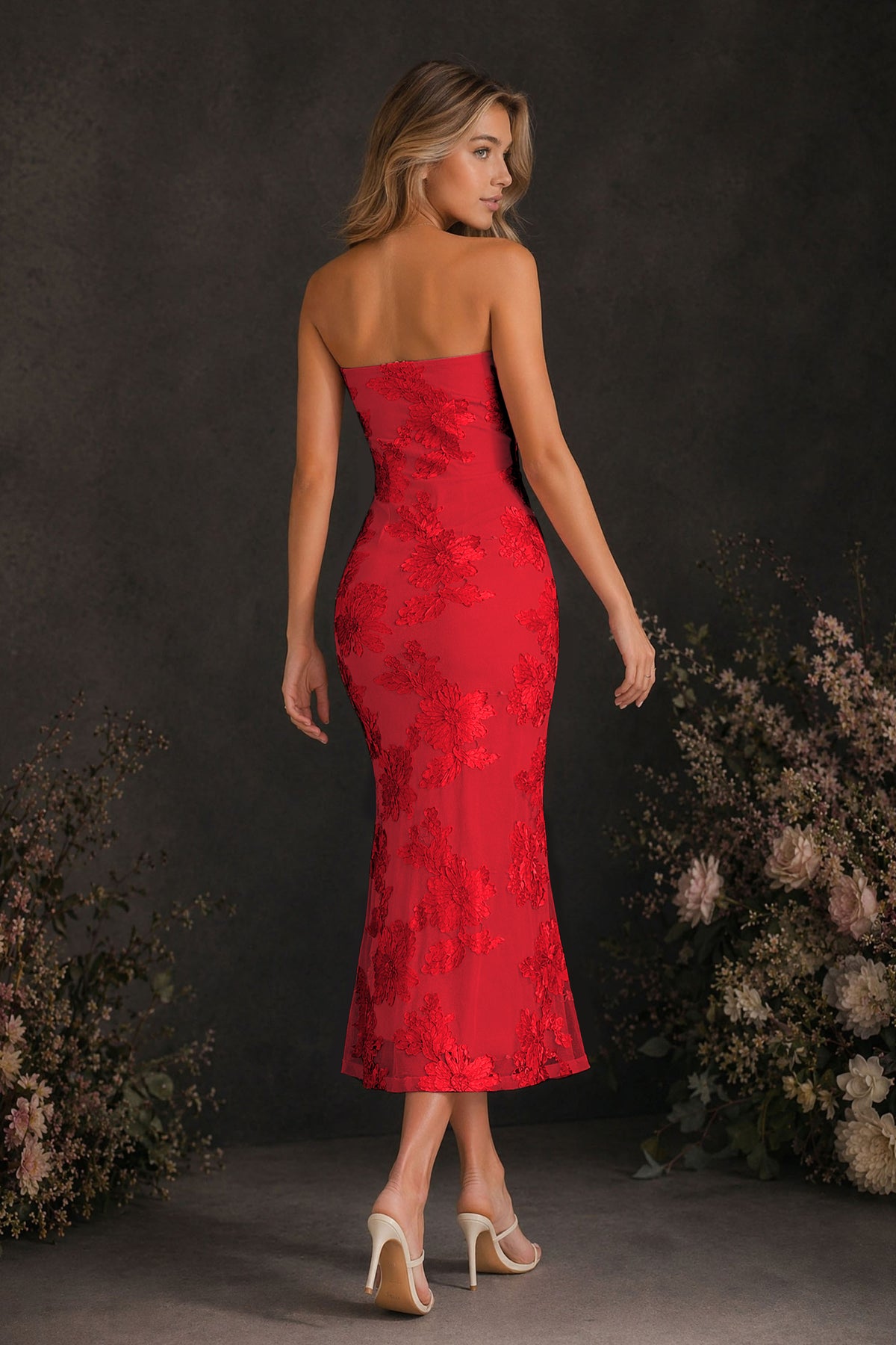 BOLODOO Red Tonal Floral Embroidered Mesh Strapless Open Back Bodycon Midi Tea Length Dress - Red