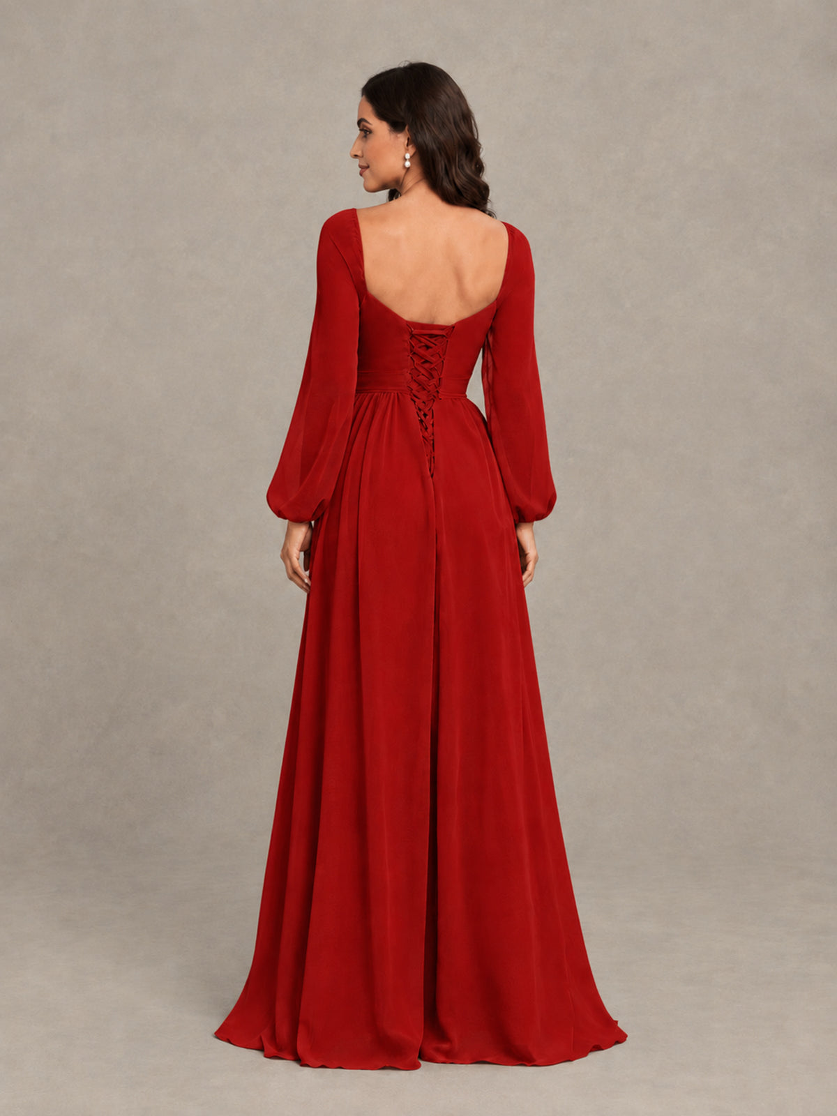 BOLODOO Red Long Sleeve Chiffon Bridesmaid Dress with Slit - Red - Red (2)