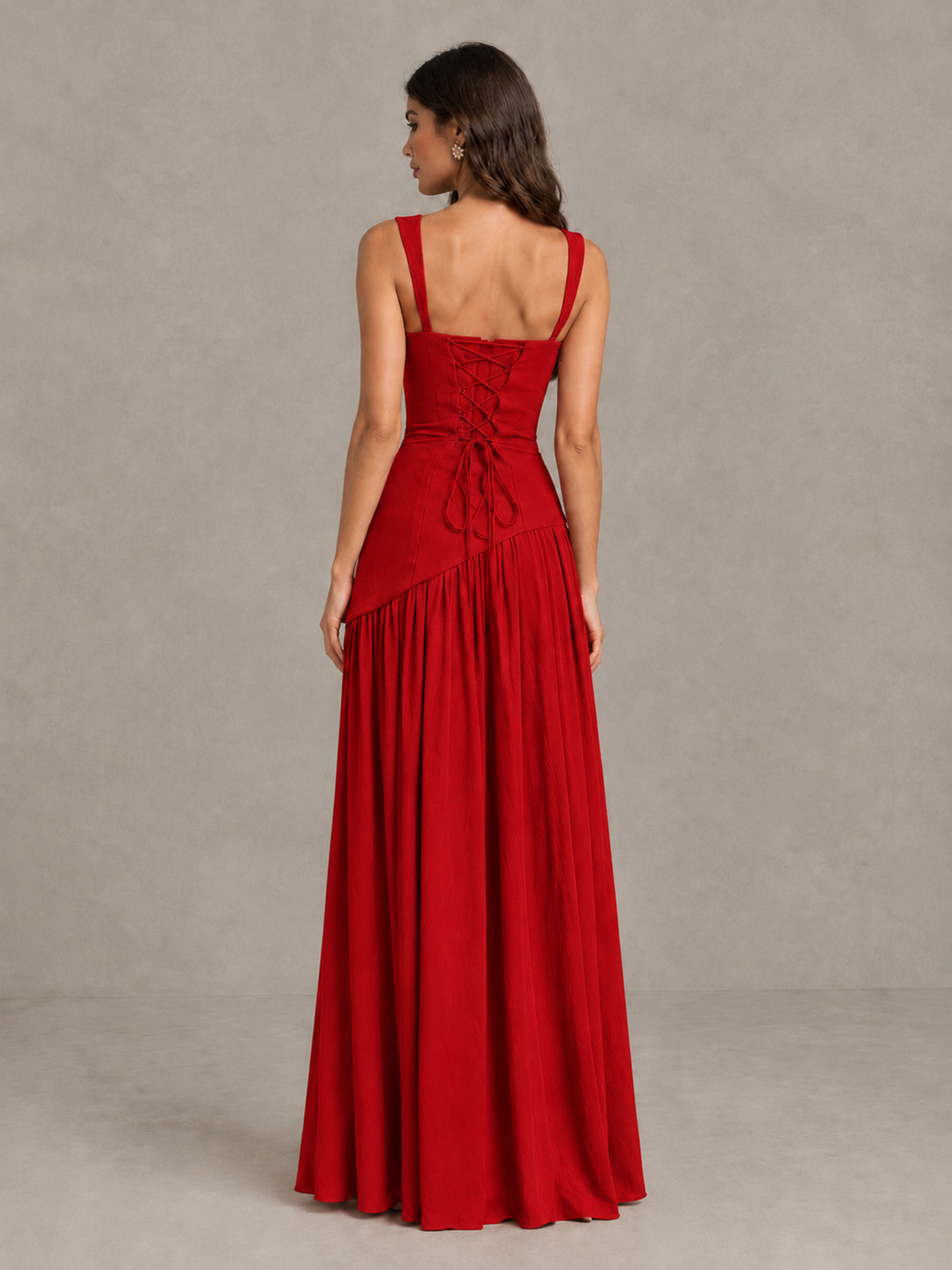 BOLODOO Red Brown Scarf Bridesmaid Dress with Lace-Up Back - Red - Red (2)