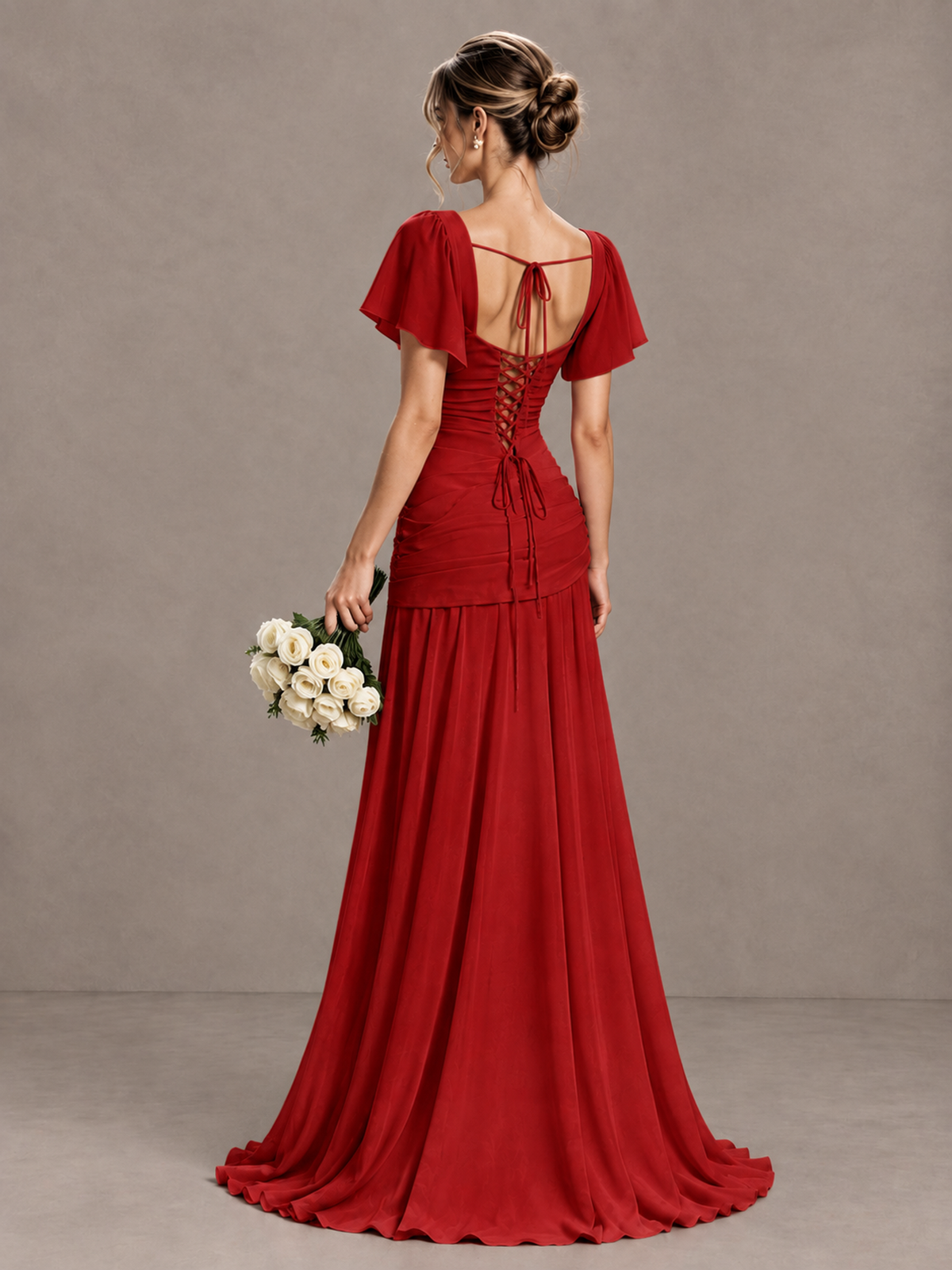 BOLODOO Red Flutter Sleeve Lace-Up Back Maxi Dress - Red - Red (2)