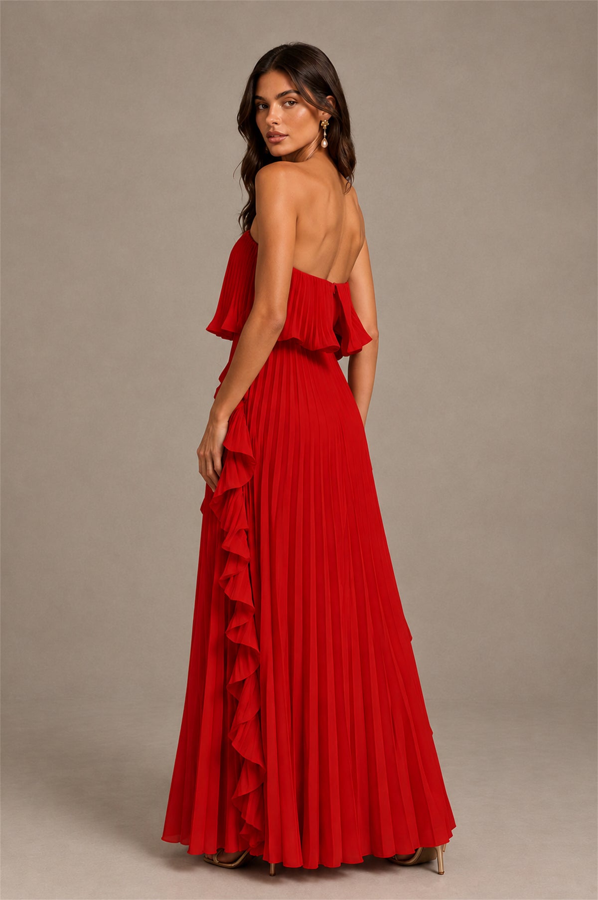 BOLODOO Red Strapless Ruffle Bodice Dual Cascading Ruffle Accordion Pleated Chiffon Maxi Dress - Red