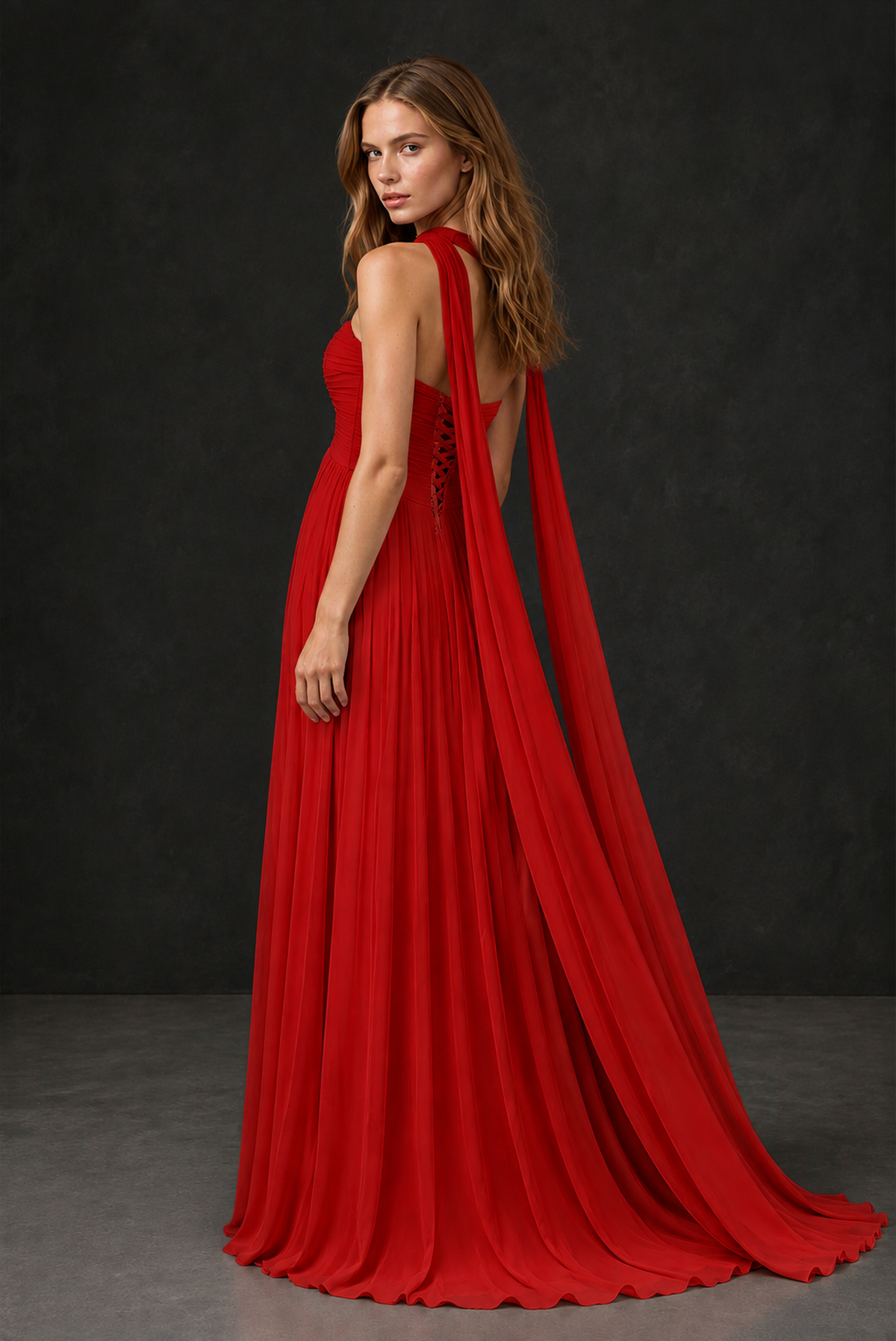 BOLODOO Red Sweetheart Strapless Twist Knot Detached Halter Scarf Lace-Up Back Empire Waist Chiffon Maxi Dress - Red