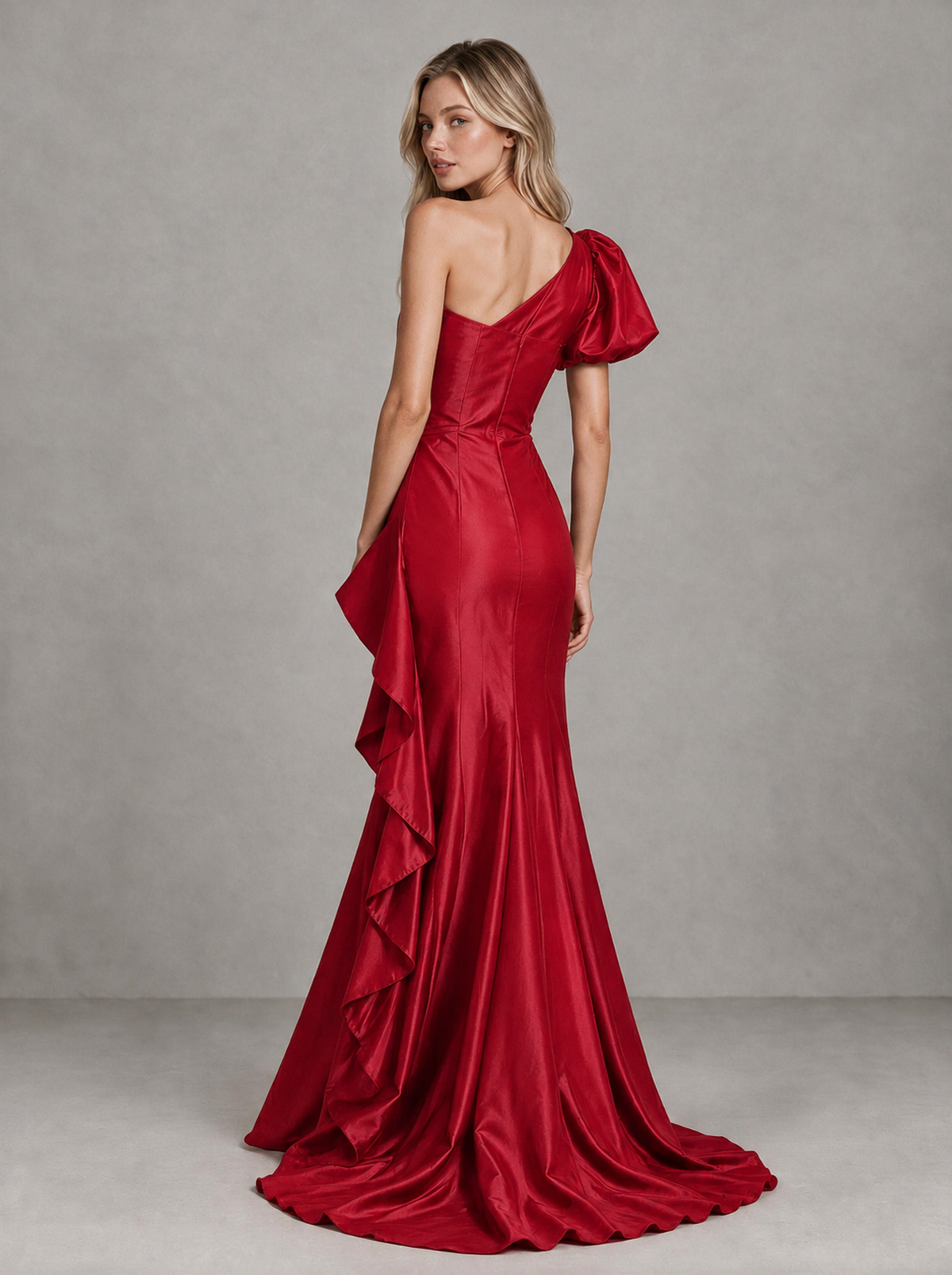 BOLODOO Red One-Shoulder Satin-Look Mermaid Evening Dress with Ruffles - Red - Red (2)